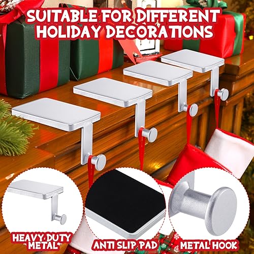 Miniatura 3 de Soportes para calcetines de Navidad, ganchos resistentes de hierro forjado con almohadilla protectora para chimenea y estante del hogar (plateado, 2