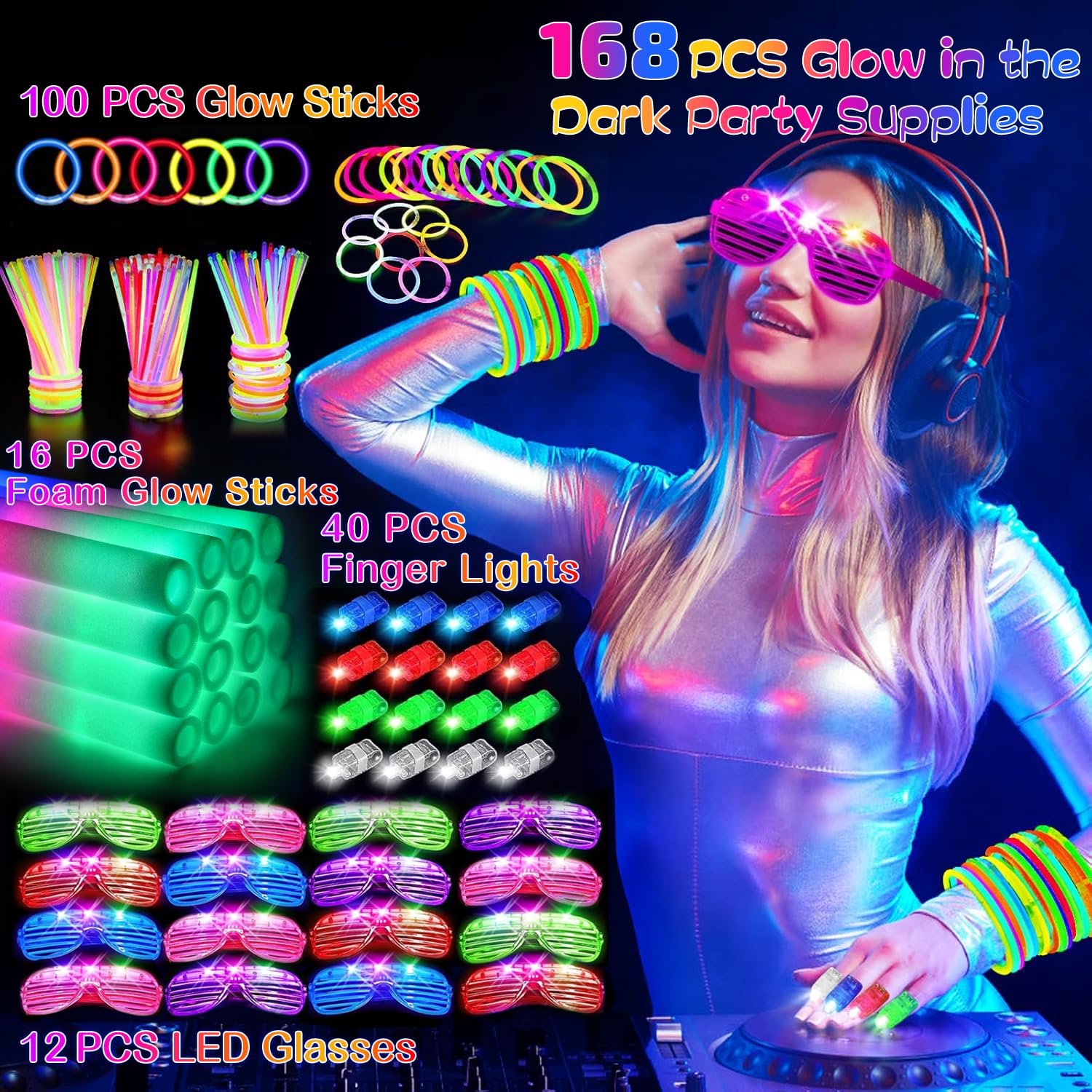 HONLYNE168 PCS Glow in the Dark Party Supplies, Light Up Party Favors 12PCS LED Glasses, 16PCS Foam Glow Sticks, 40PCS Finger Lights, 100PCS Glow Sticks Bulk for Glow Party Wedding Birthday Raves