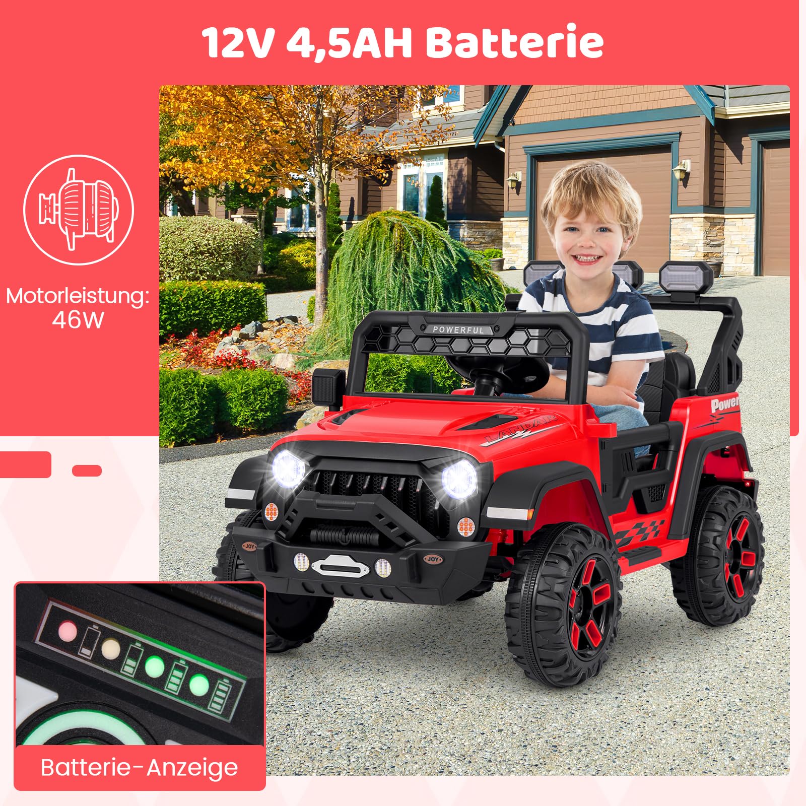 COSTWAY Elektroauto, 12V Kinderfahrzeug Elektrisch mit 2,4G Fernbedienung & USB & Licht & Musik, 1-5 km/h, für Kinder ab 3 Jahre (Rot)