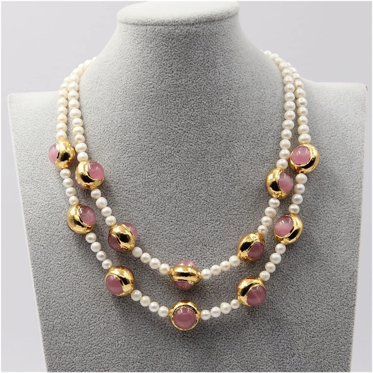 LAnGSHAW 2 Strands White Pearl Pink Cat Eye Necklace Multi Strands Jewelry 18" Handmade for Women