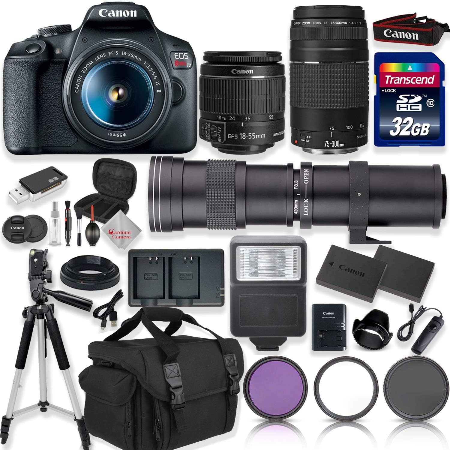 Canon EOS Rebel T7 DSLR Camera with 18-55mm EF-S f/3.5-5.6 is II Lens & EF 75-300mm f/4-5.6 III Lens + 420-800mm Zoom Lens + 32GB High Speed Memory + Camera Bag + Full Accessory Bundle Canon EOS Rebel T7 DSLR Camera with 18-55mm EF-S f/3.5-5.6 is II Lens & EF 75-300mm f/4-5.6 III Lens + 420-800mm Zoom Lens + 32GB High Speed Memory + Camera Bag + Full Accessory Bundle