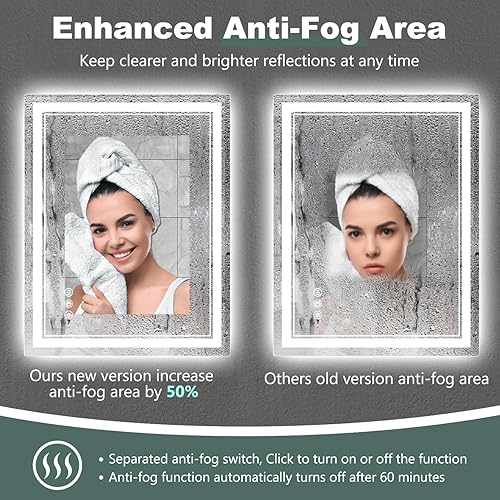 Miniatura 6 de Espejo de baño LED con luces 24 x 32 pulgadas, grandes espejos iluminados para montar en la pared, sin niebla, antiniebla, regulable, función de
