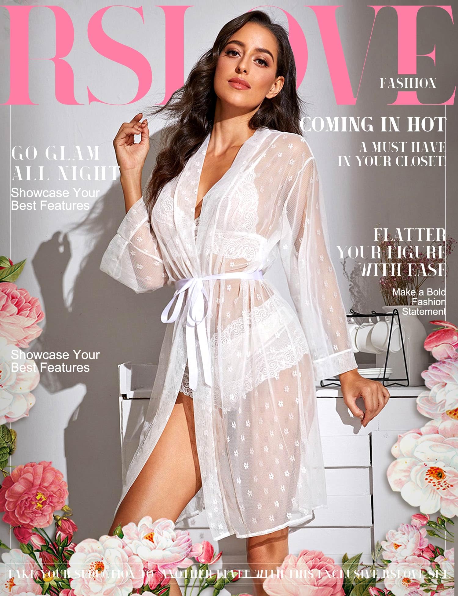 RSLOVE Women Lingerie Set with Robe - 3 Piece Lace Bra and Panty Set Sexy Sleepwear for Bridal Honeymoon Anniversary: Large White