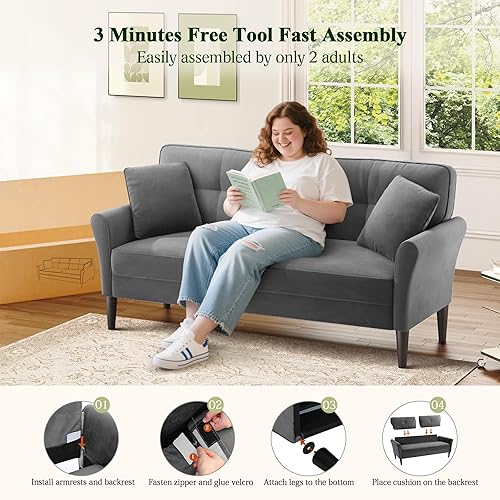 Miniatura 6 de Sofá pequeño de 69 pulgadas, sofá pequeño suave con 2 almohadas, cómodos sofás de dos plazas de instalación sin herramientas, sofás de carga de 700