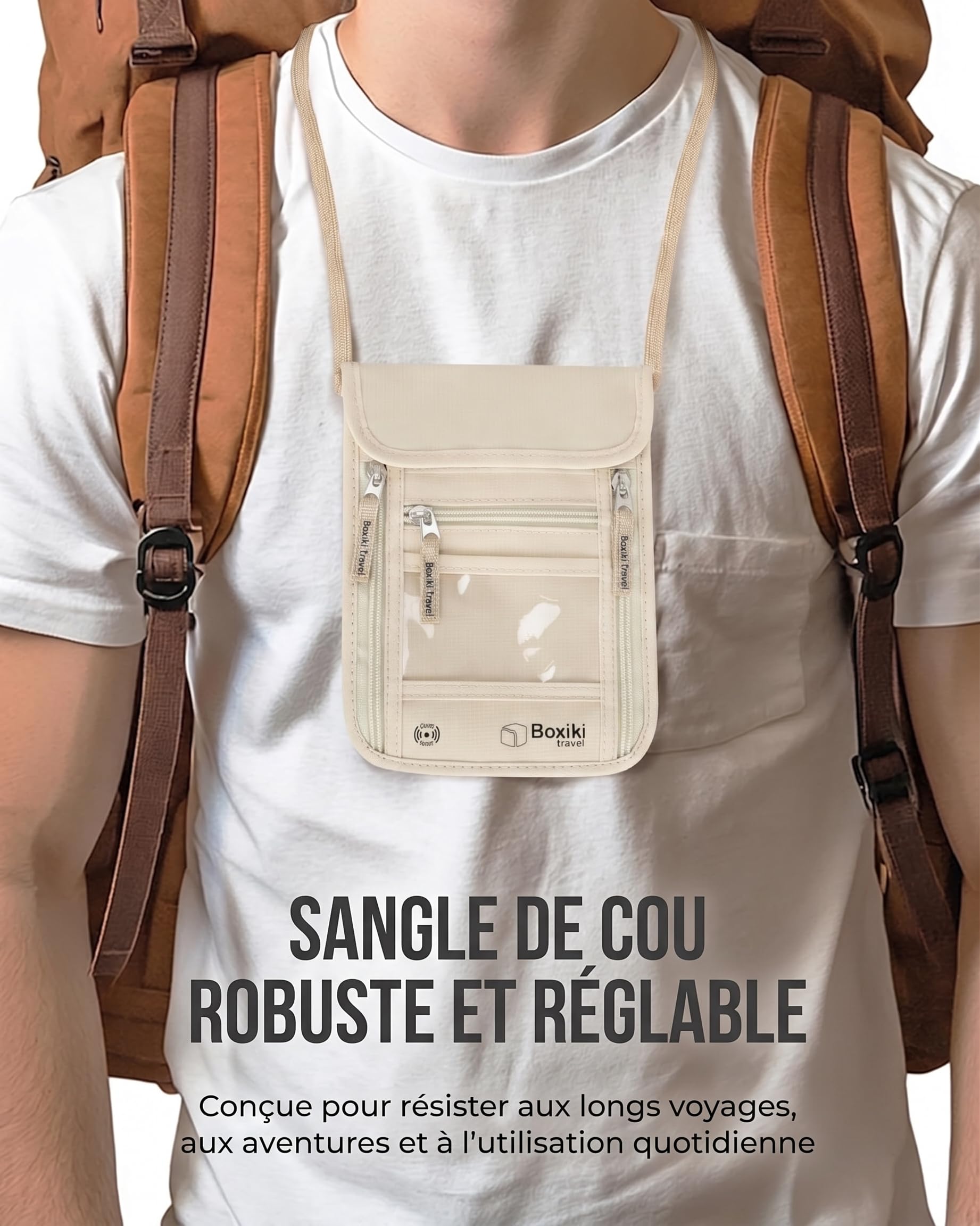 Boxiki Travel Pochette Tour de Cou RFID Beige - Porte-Passeport Voyage Antivol avec 5 Compartiments, Sacoche Cachée sous Vêtements en Nylon Ripstop Imperméable pour Femme Homme