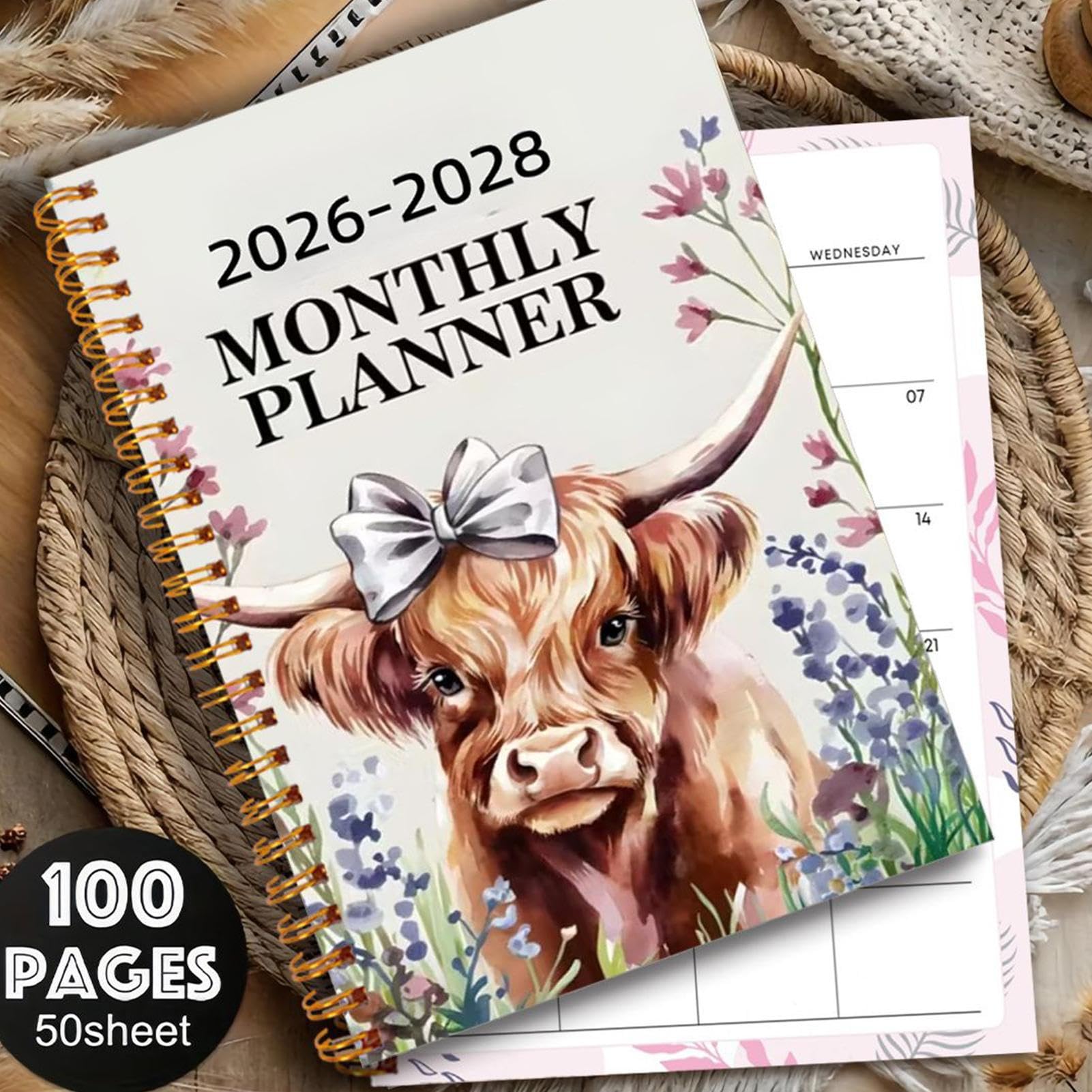 Agenda Triennale 2026-2028 50 Pagine Rilegatura A Taccuino Accademico | Planner Annuale Con Motivo Bovino Per Scrittura Bambini Scuola Casa Ufficio Feste Natale Compleanno