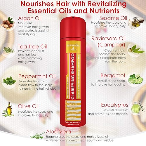 Miniatura 3 de Arvazallia Champú clarificante infundido con aceites esenciales revitalizantes, limpiador antirresiduos de grado profesional con aceite de argán,