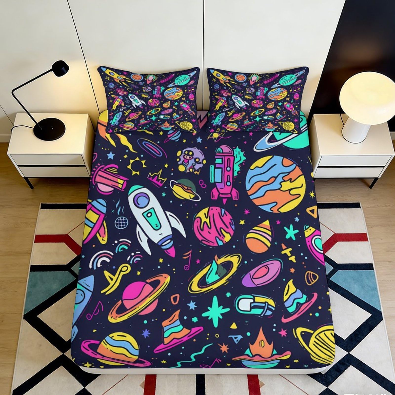 Pnayamiorkfel Style-5 3D Printed Space Rocket Fitted Sheet Microfiber Colourful Planet Mattress Cover For Bedroom Guest Room Decor 90X200x25cm
