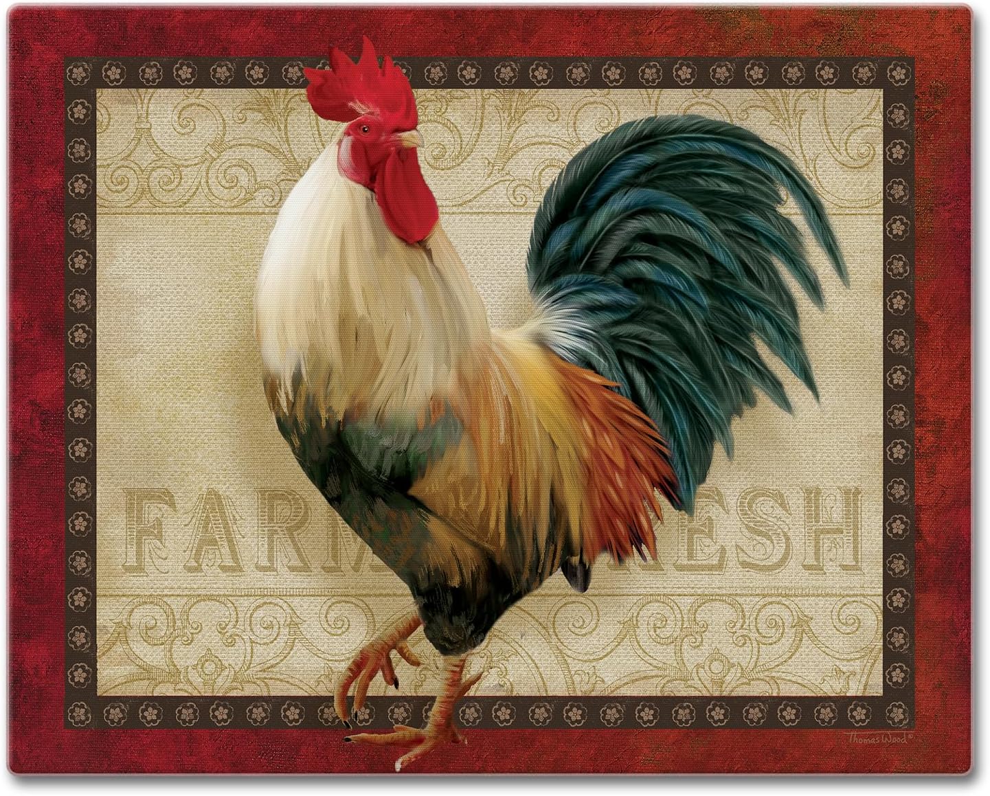 CounterArt Farm Fresh Rooster 3mm Heat Tolerant Tempered Glass Cutting Board 15” x 12” Serving Board Charcuterie Dishwasher Safe