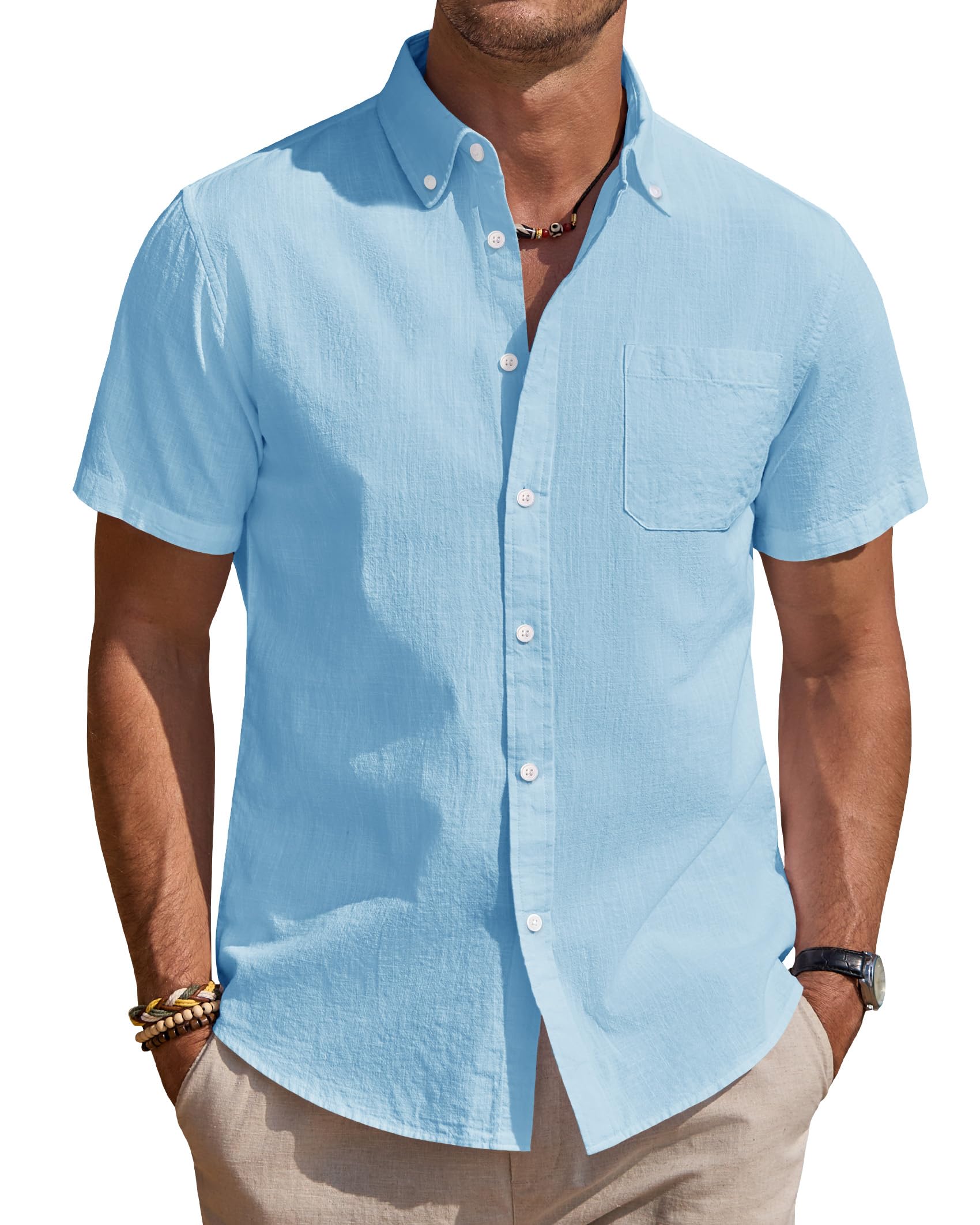 Men's Short Sleeve Linen Shirts Shrink Free Button Down Regular Fit Solid Shirt Casual Lightweight Summer Beach Shirts Tops with Pocket