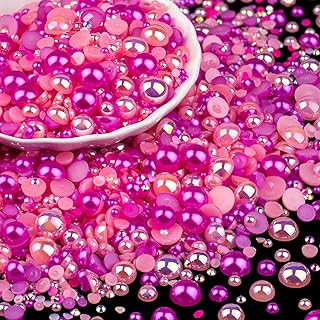 100g Flatback Pearls and Rhinestones Set 5-Rose Red&Pink, Mixed Size 3-10mm Resin Rhinestones and Half Pearls for Nail Art and Crafts and Decoration with Tweezer and Pickup Pencil