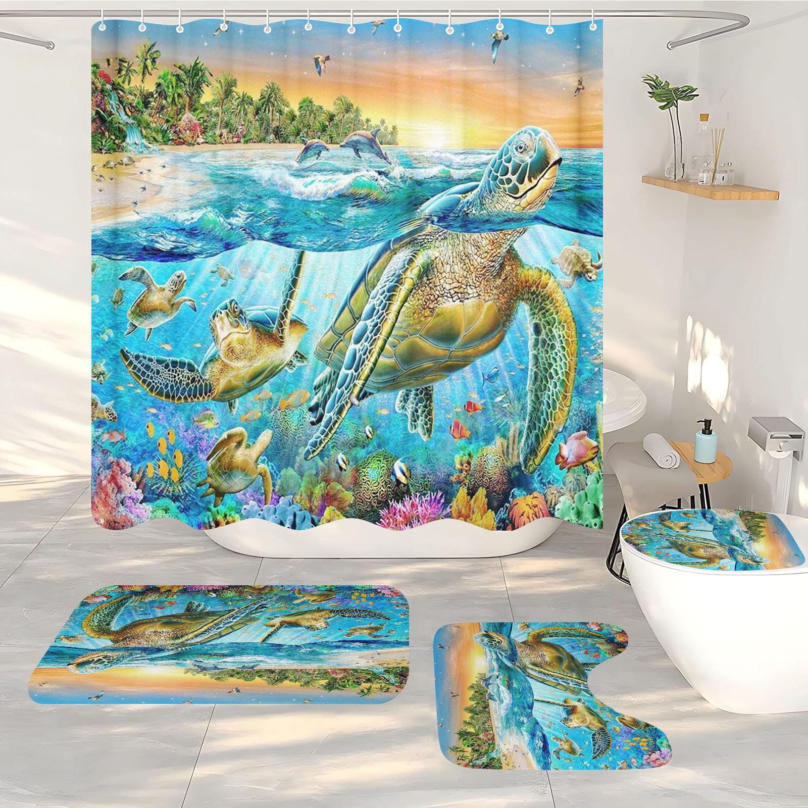 FABTOP Shower Curtain Sea Turtle Coral Nautical Ocean 180 x 180 cm Shower Curtains Turtle Sea Organism Octopus Coral Shower Curtains (3.180 x 200 cm)