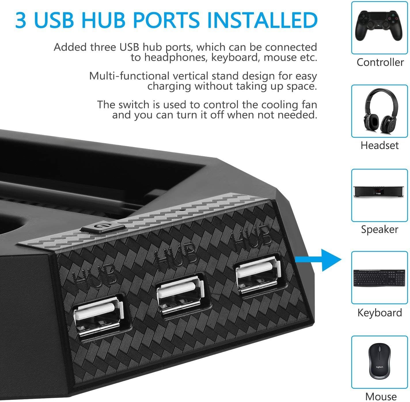 PECHAM Vertical Stand for PS4 Pro with Cooling Fan, for Sony Playstation 4 Pro Console, Dual Controller Charge Station, 3 USB HUB Port (Only for Pro)