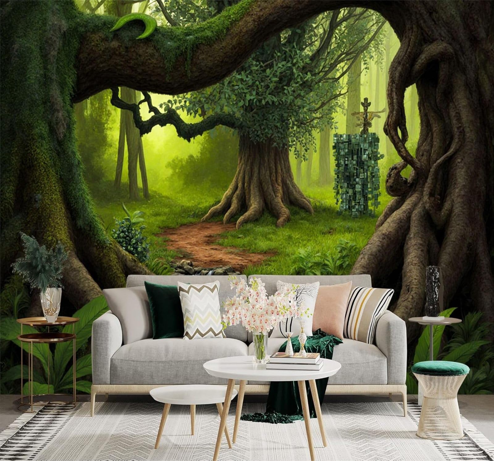 XLMING Green Forest Ancient Trees Waterfall Footpath 3D Wallpaper Silky Texture Home Study Office Grey Dining Room Sofa Bedroom Living Room TV Backdrop-250cm×170cm