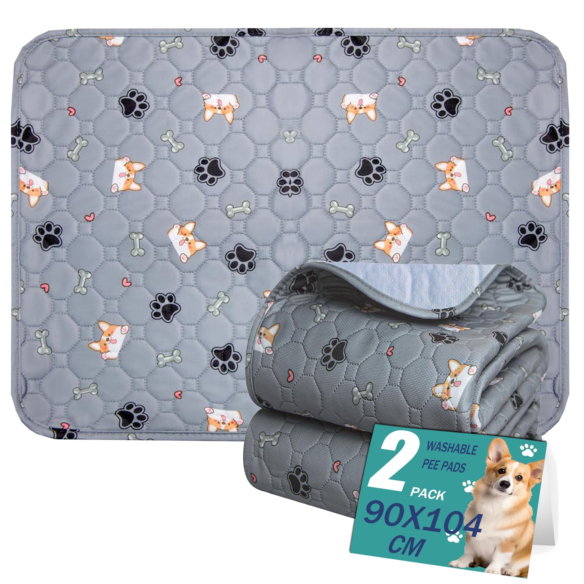 Waschbar Haustier-Urinunterlage, 2 Stück Wiederverwendbare Welpenunterlagen Matte für Hunde, Schnell Absorbierend Puppy Pads für Hunde, Katzen, Meerschweinchen, Grau