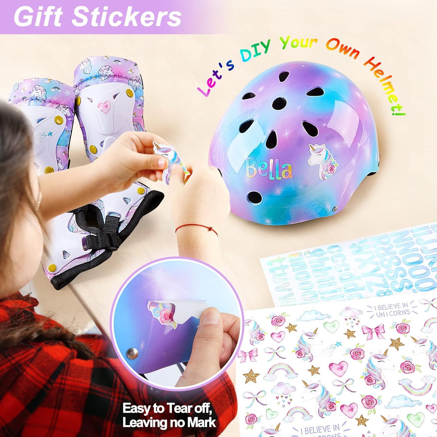 Kids Helmet, Toddler Bike Helmet with DIY Stickers Unicorn Knee Pads and Elbow Pads Set Adjustable Protective Gear Set for Girls Age 3-5-8 Years fit Roller Skates, Bicycle, Skateboarding, Scooter