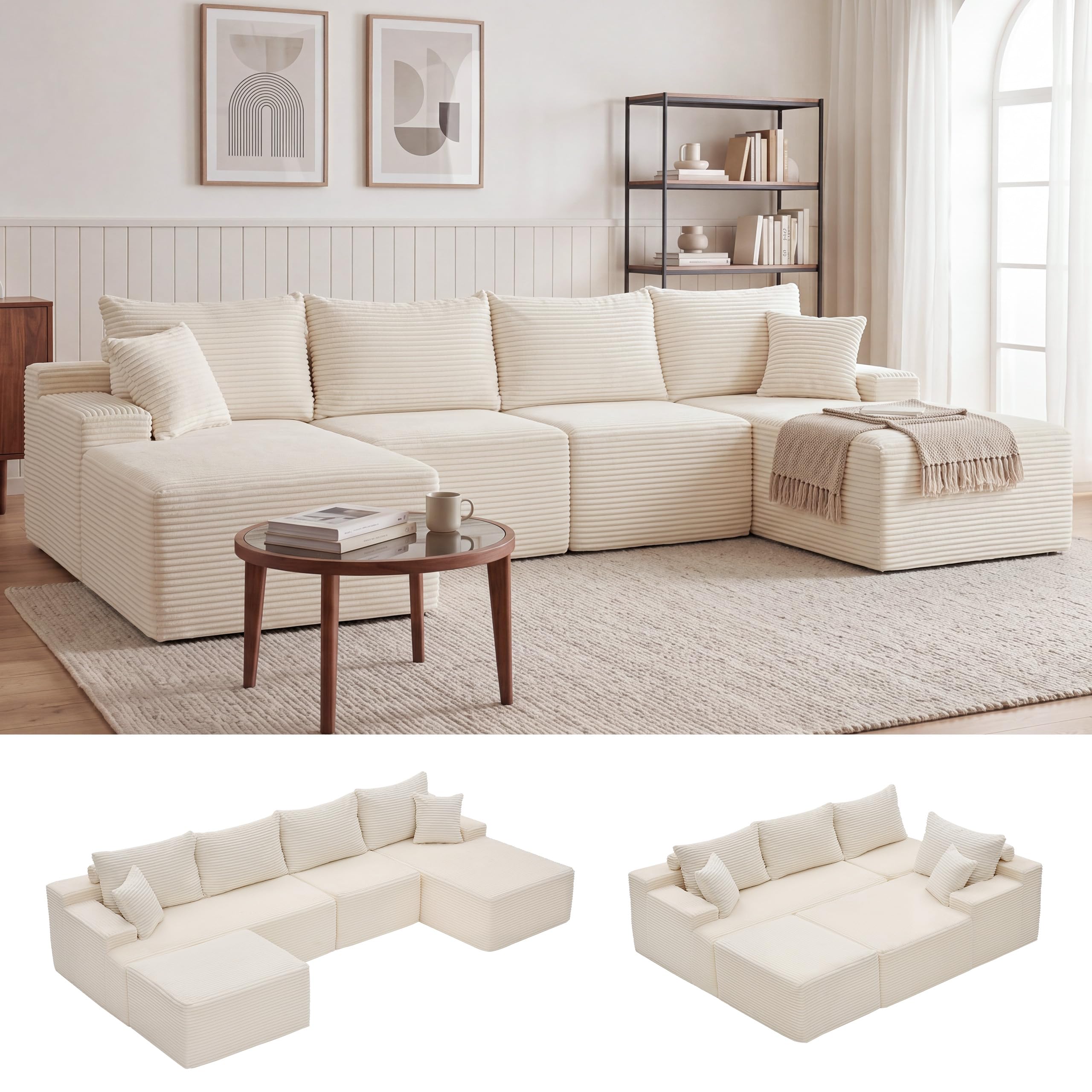 Mangodan Cloud Sectional Couch, Boneless Couches for Living Room, Beige