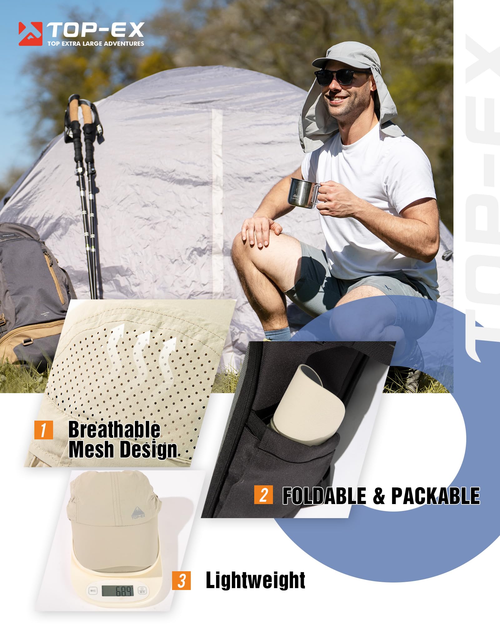 TOP-EX Casquette de baseball surdimensionnée pour homme avec rabat de cou et pare-soleil amovible pour la pêche