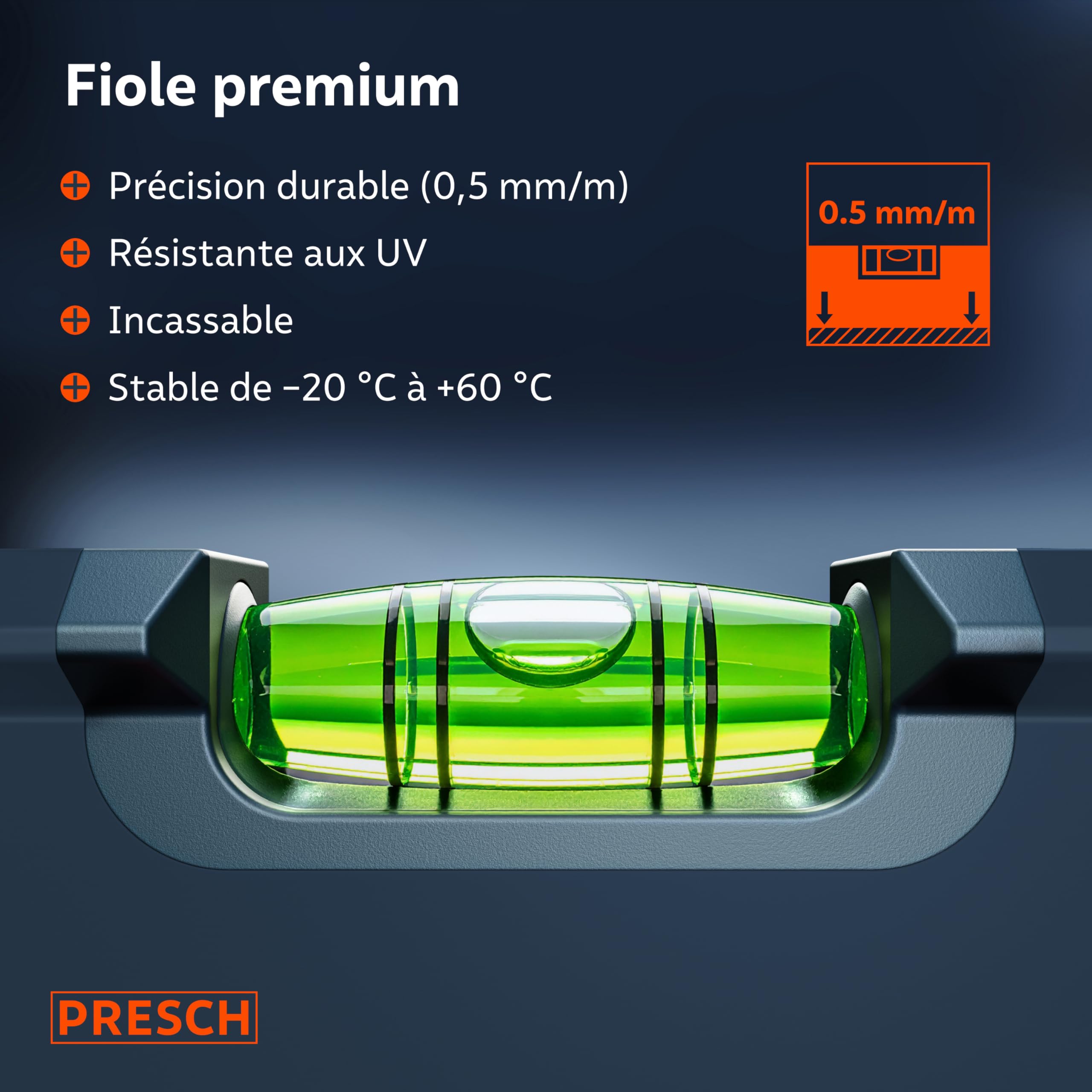 Presch Niveau à Bulle Magnétique 80cm - Fiole incassable avec pente 2% - Fenêtre de lecture verticale - Embouts antidérapants innovants - Surface de mesure précise