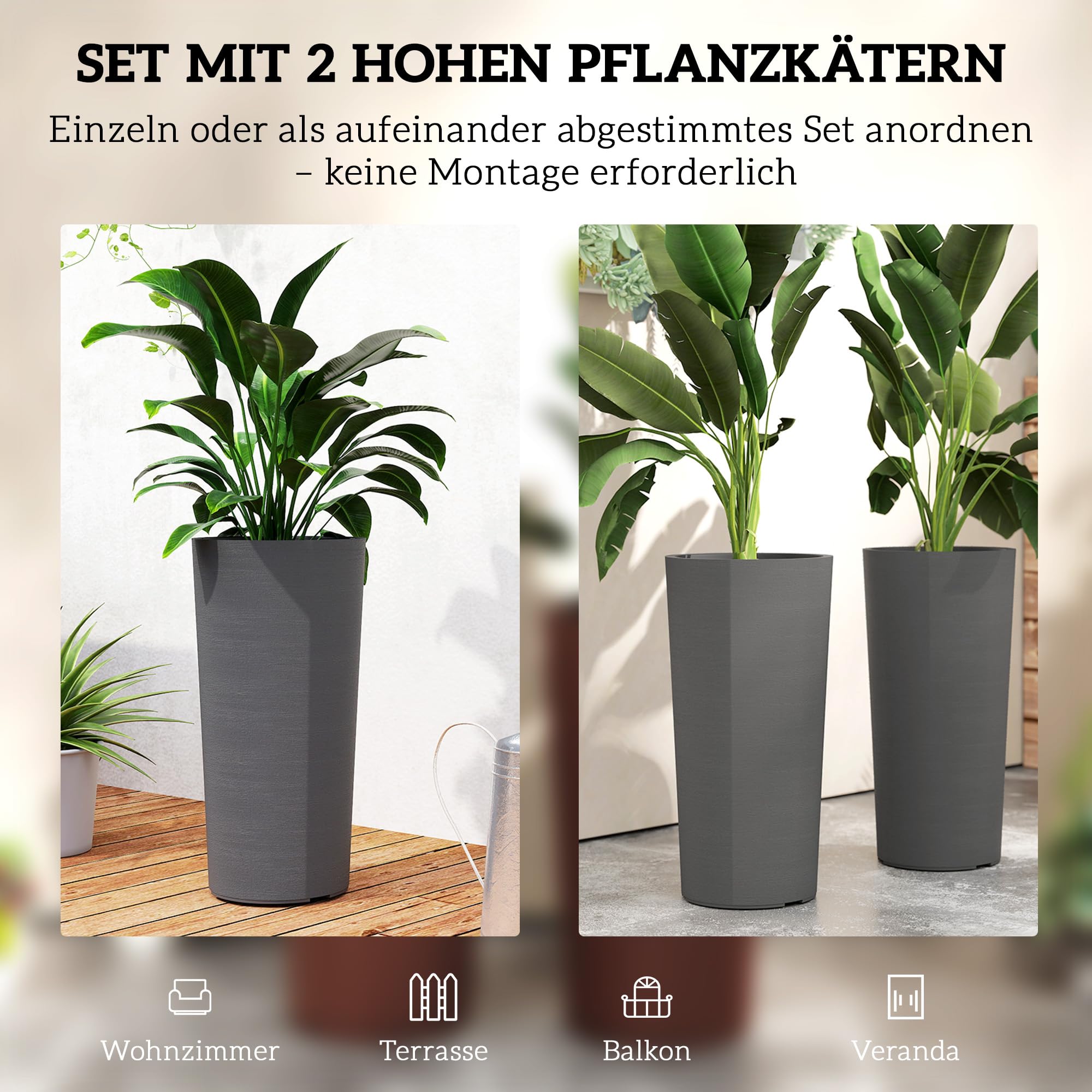 Outsunny Blumentopf Stapelbar mit Löcher 2er Set 35x35 cm Dunkelgrau | Kunststoff Pflanzkübel, Pflanztöpfe Rund, Blumenkübel, Rundtopf, für Tomaten Blumen, Pflanzentopf für Garten Balkon