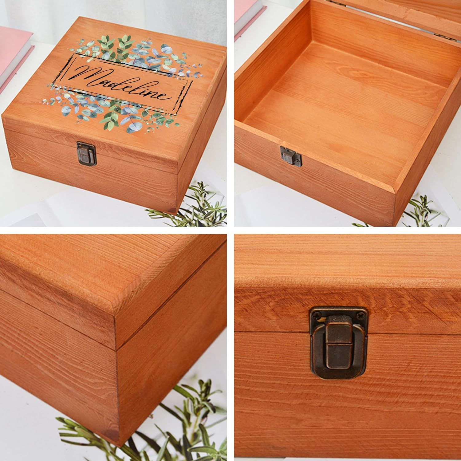 Personalized Birth Flower Wooden Storage Box with Hinged Lid Front Clasp, Custom Floral Name Wooden Gift Box for Jewelry Trinket Keepsake Memories Treasures, Women Ladies Girls Customized Gifts