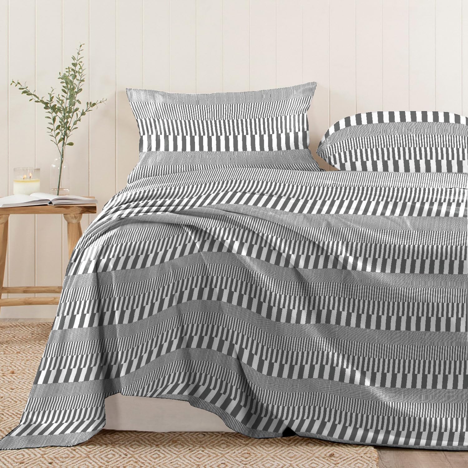 Pizuna Cascade Stripe Grey Cotton Print Flat Sheet Double 1 Pc, 400 Thread Count 100% Long Staple Cotton Flat Bed Sheets 230X280, Sateen Cooling Flat Sheets Printed Bedding (Printed Bed Sheets Double)