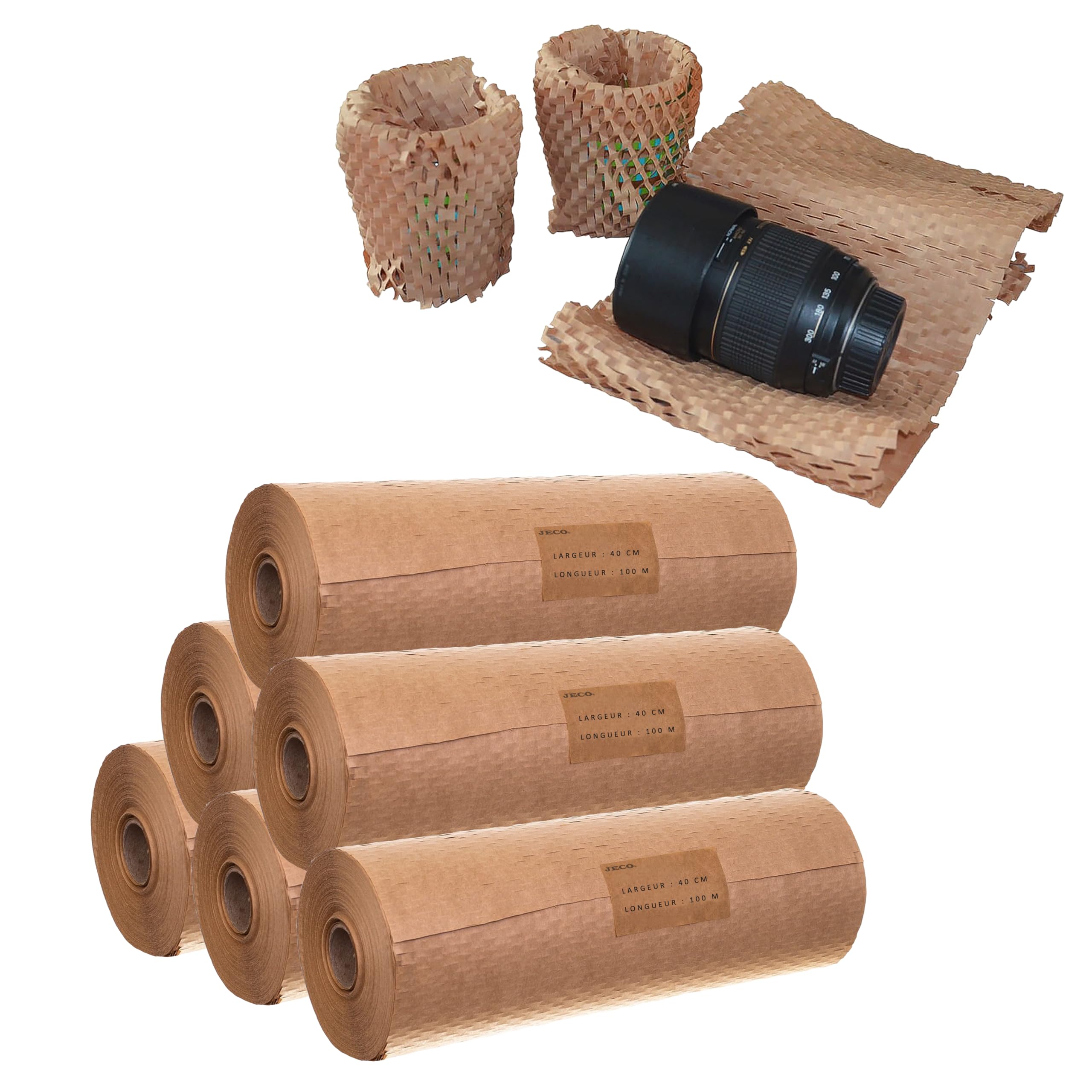 Jeco - Lot de 6 rouleaux de papier kraft en nid d’abeille 40cm x 100m emballage écologique pour protection, rembourrage, emballage cadeaux, déménagement, remplace Le Film Bulles
