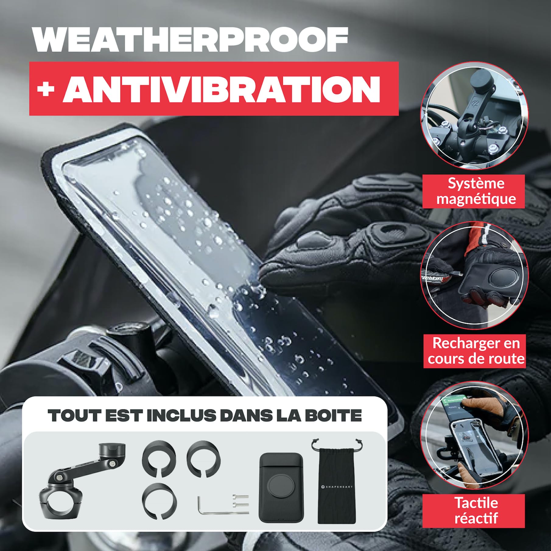 Shapeheart Support Téléphone Magnétique Moto - Fixation Vissée Guidon de 22 à 32 mm - Pochette Étanche XL Tactile - Bras Articulé Orientable 360 - Anti-Vibrations - Housse Imperméable Amovible