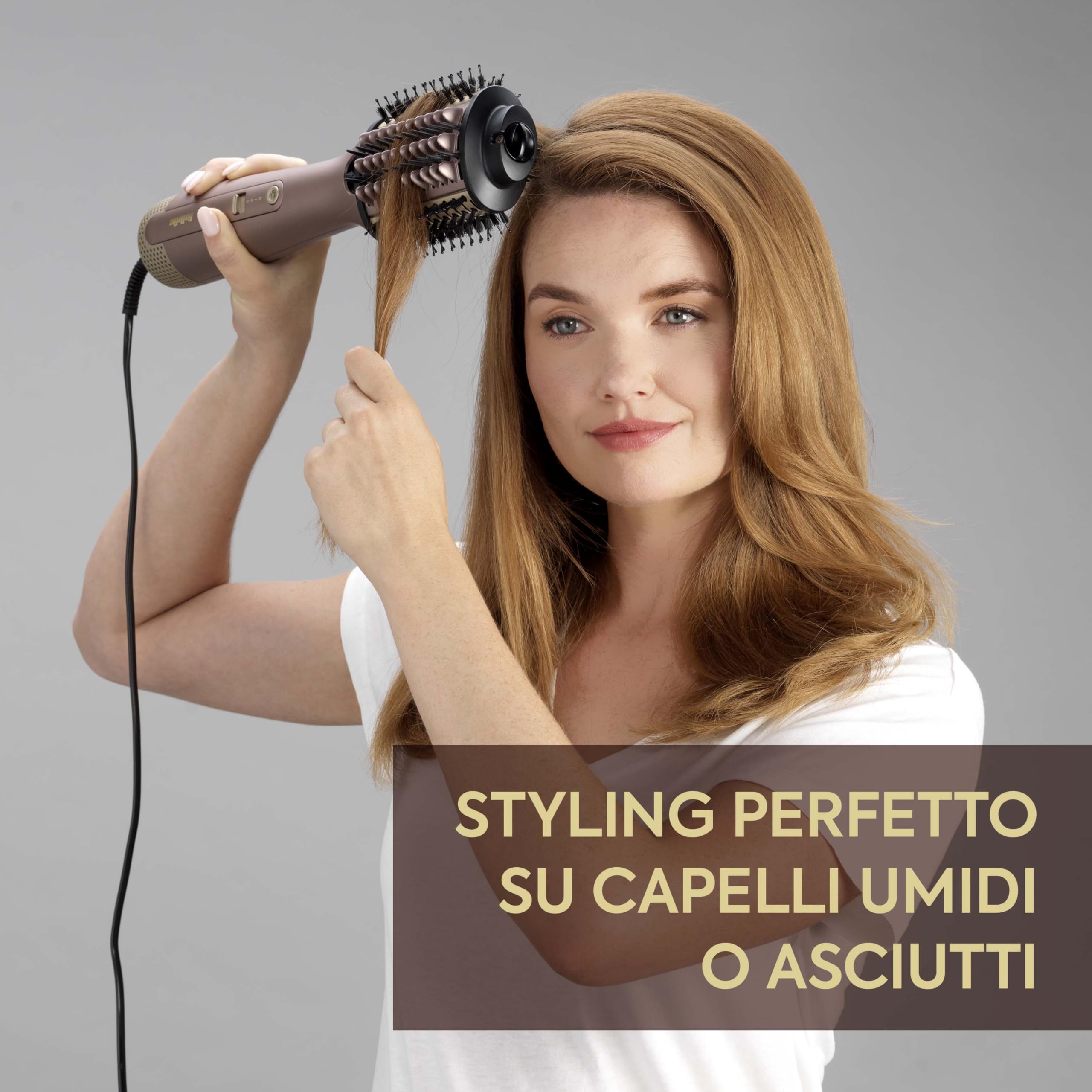 BaByliss Air Power Volume 2in1 Styler e asciugacapelli, da capelli bagnati ad asciutti, spazzola asciugacapelli volumizzante per capelli da medi a lunghi, 3 temperature, funzione ionica, oro, AS95E