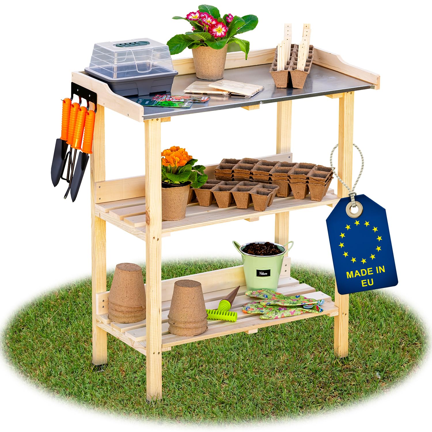 ITA Wooden Plant Table 76 x 38 x 89 cm - With Galvanised Worktop and Shelf - Gardening Table - Quality Directly from Manufacturer - Outdoor and Indoor, Colour: Natural