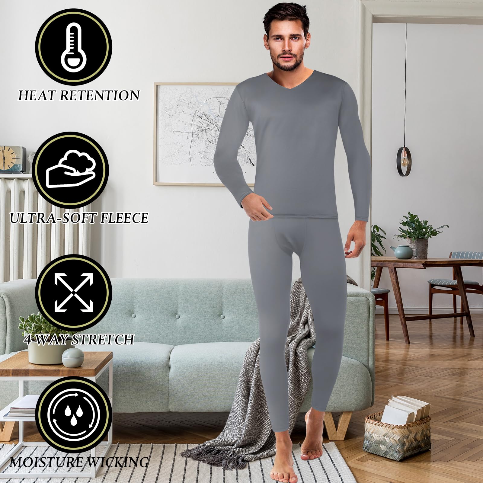3 Set Herren Thermounterwäsche Winter Warm V-Ausschnitt Fleece Gefüttert Base Layer Set Thermo-Set für kaltes Wetter