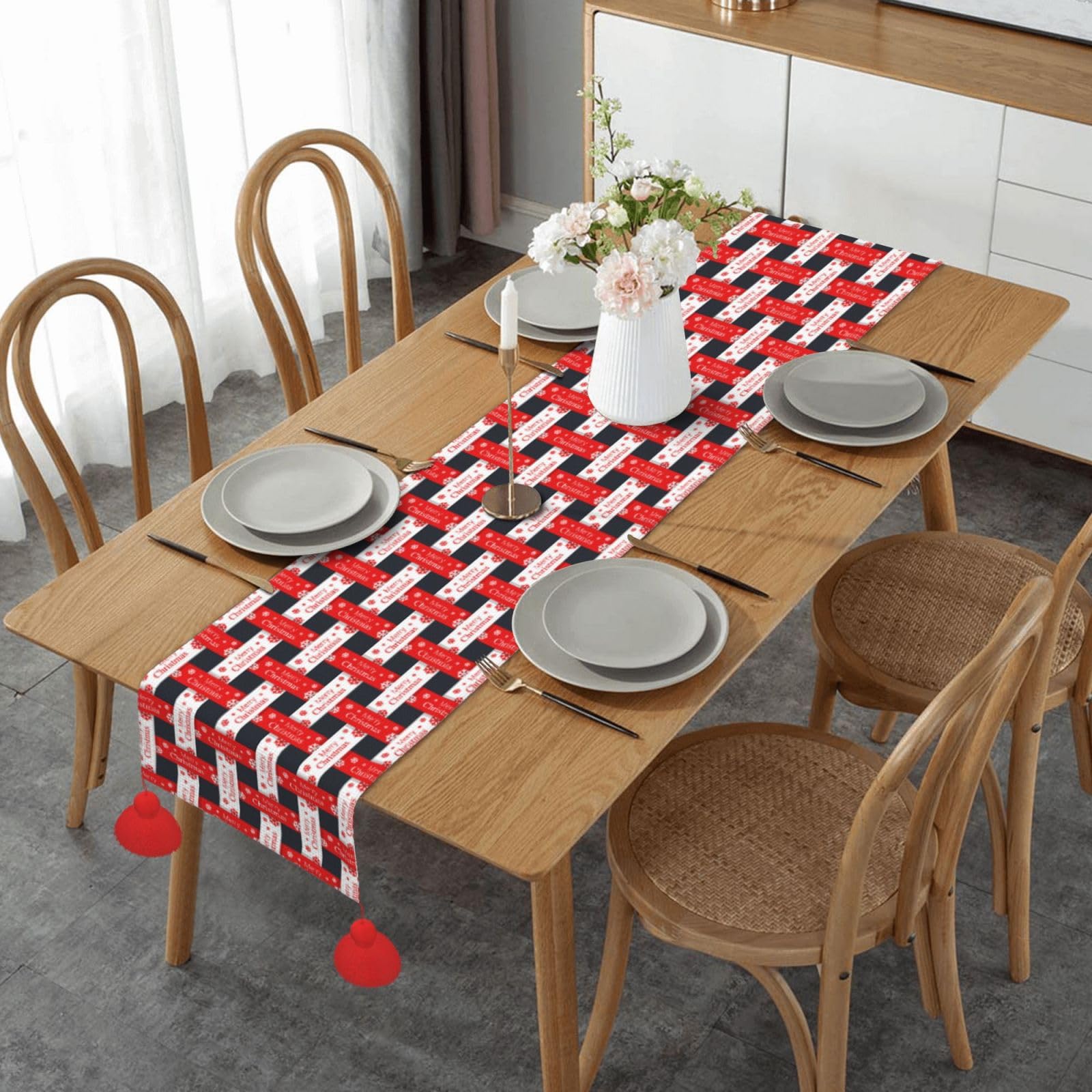 Chemin de table Noël antidérapant avec pampilles pour éviter les nappes qui glissent
