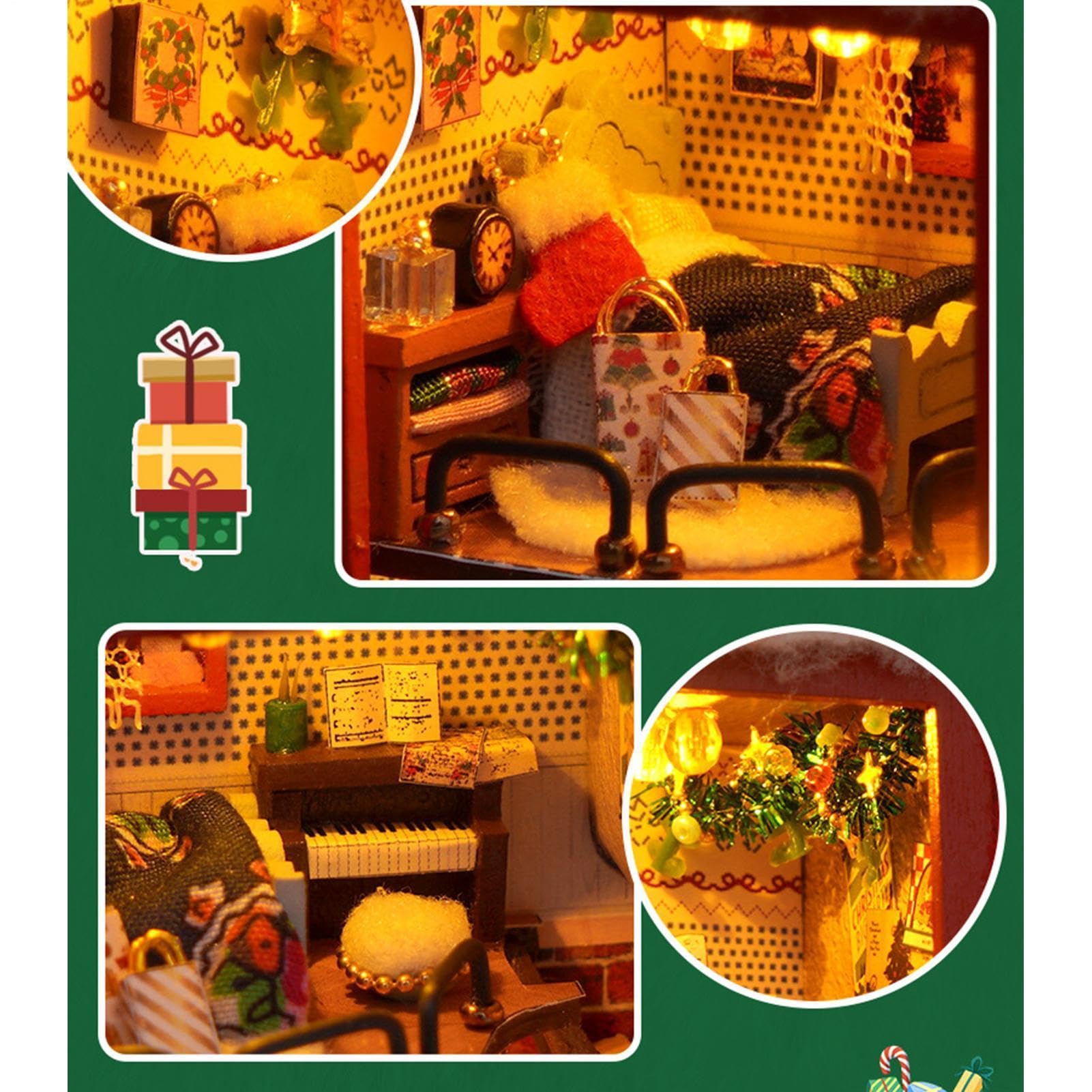 Kit Casa In Miniatura Calza Natalizia Decorativa Con Illuminazione LED | Kit Fai da Te Casa in Miniatura di Legno per Angolo Adatto per Tavolino da Caffè, Armadietto, Comodino, e Soggiorno