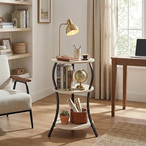 Miniatura 8 de Mesa auxiliar redonda pequeña vintage, mesa auxiliar circular de 3 niveles con estante de almacenamiento, mesa auxiliar compacta para sofá de té,