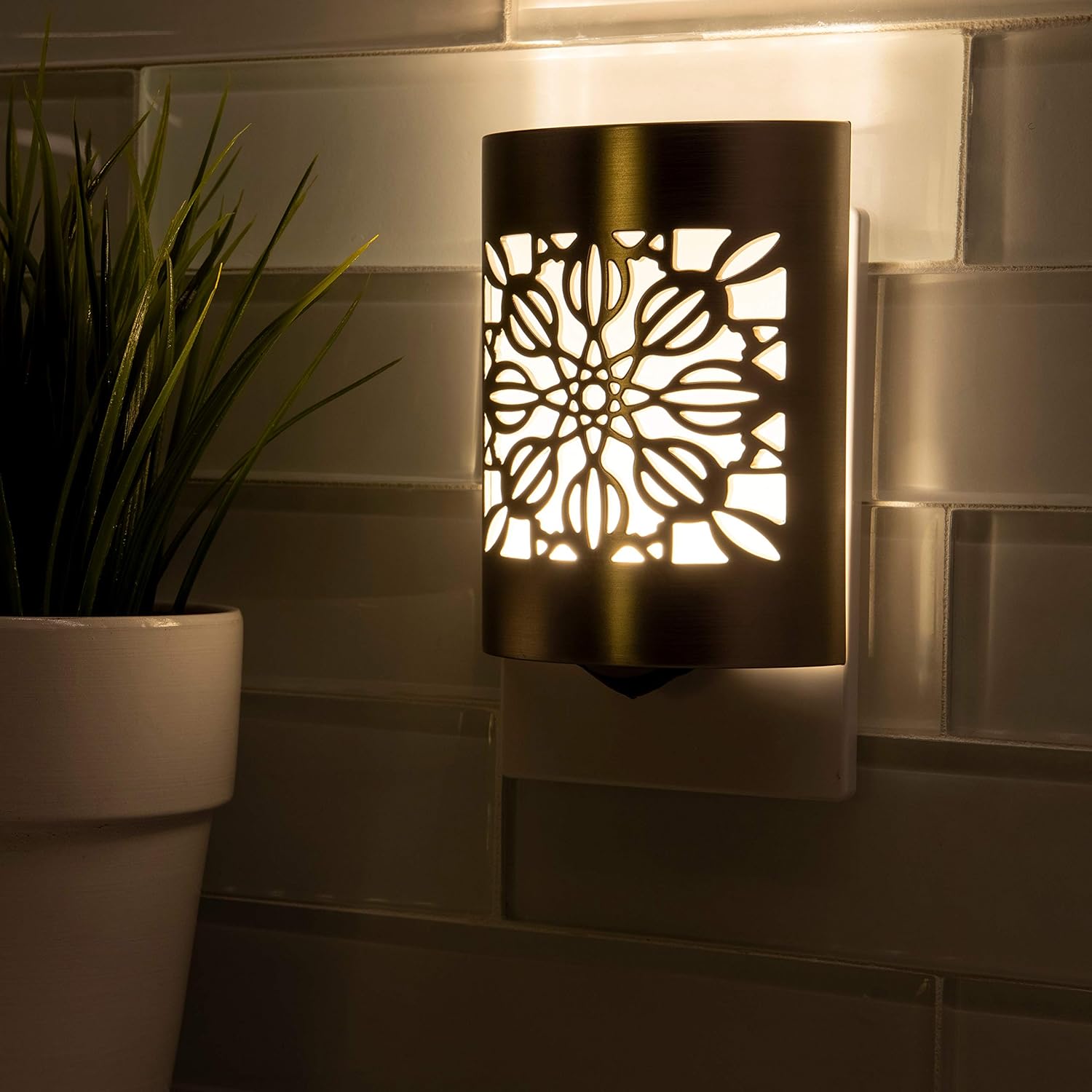 GE 46817, 2 Pack, Plug-in, Dusk to Dawn Sensor, Home Decor, UL-Listed CoverLite LED Night Light, Brushed Nickel | Floral, 2 Count - - 