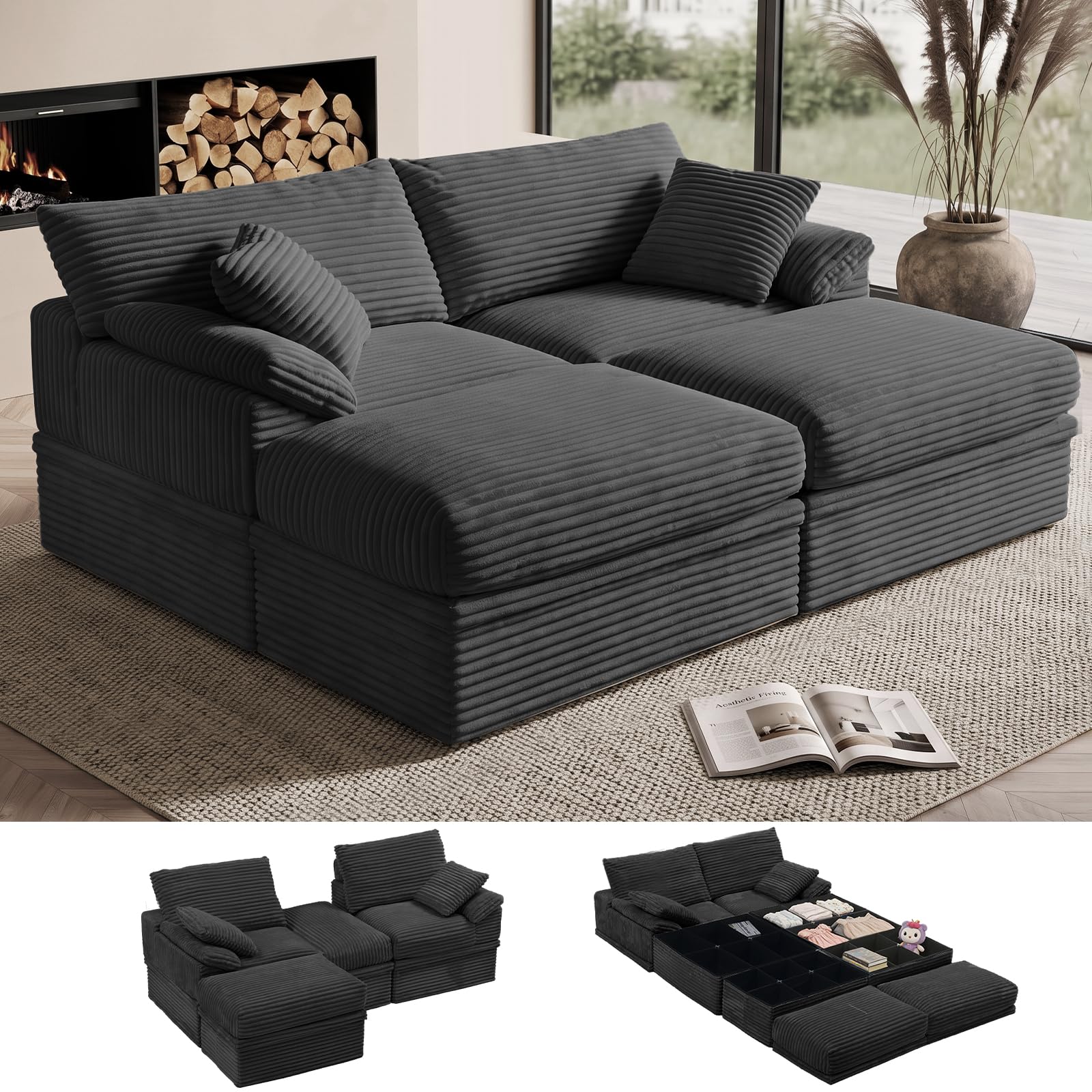 LOOFRA Dark Grey Modular Loveseat Sofa with Storage and Ottoman