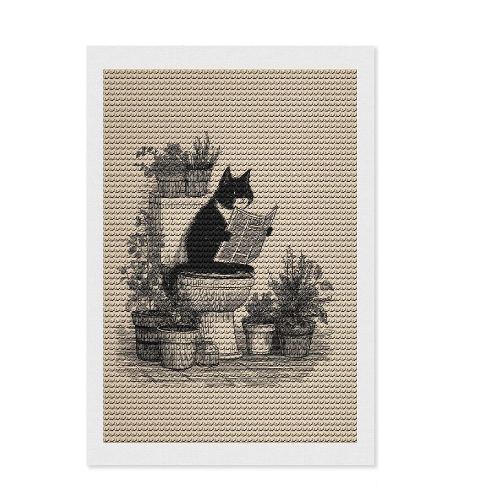 Junmoney Cat Reads Newspaper Round Drill Diamond Painting 8"x12", for Women, Complete Accessories, Festive Craft Gift, Vintage Style Decor