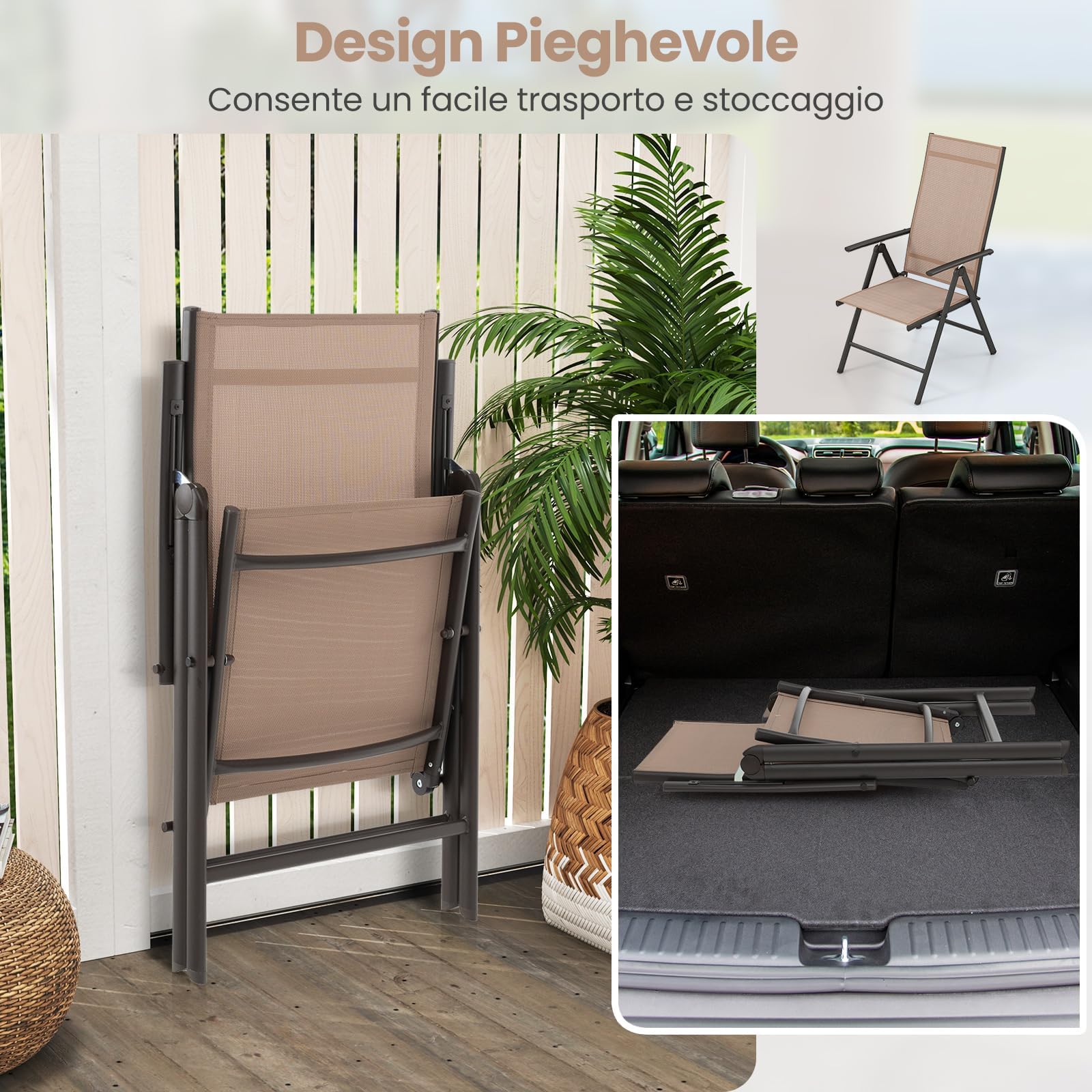 RELAX4LIFE Sedia Pieghevole da Giardino, Schienale Reclinabili a 7 Livelli, Sedia da Esterno Portatili per Giardino, Cortile, Bordo Piscina, Campeggio (Marrone,1)
