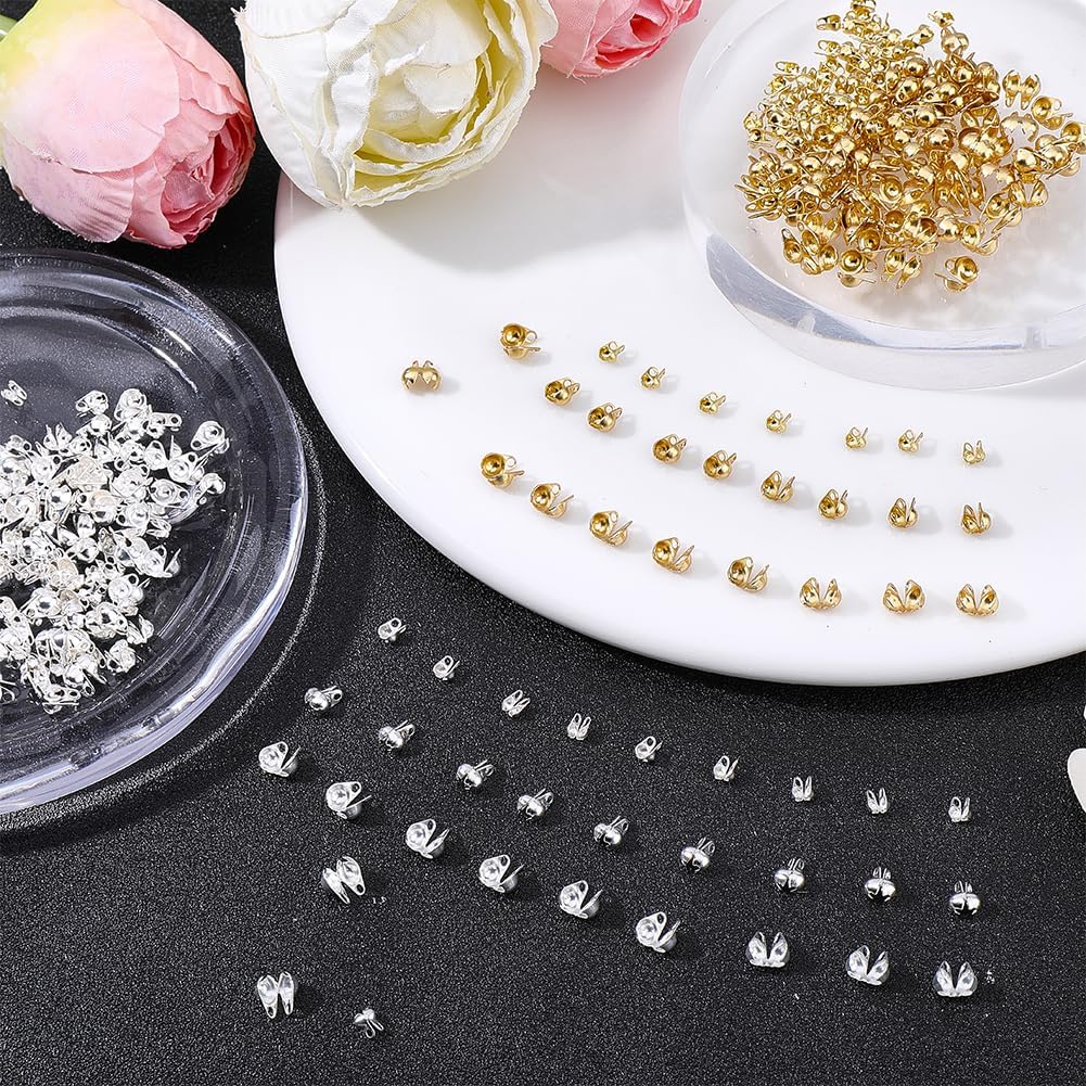 Beebeecraft 300Pcs 3 Sizes Clamshell Crimp Bead Covers 18K Gold & 925 Sterling Silver Plated Stainless Steel Bead Tip Knot 1.5mm/2.5mm/3.5mm Calotte Ends Caps for Jewelry Making Necklaces Crafts