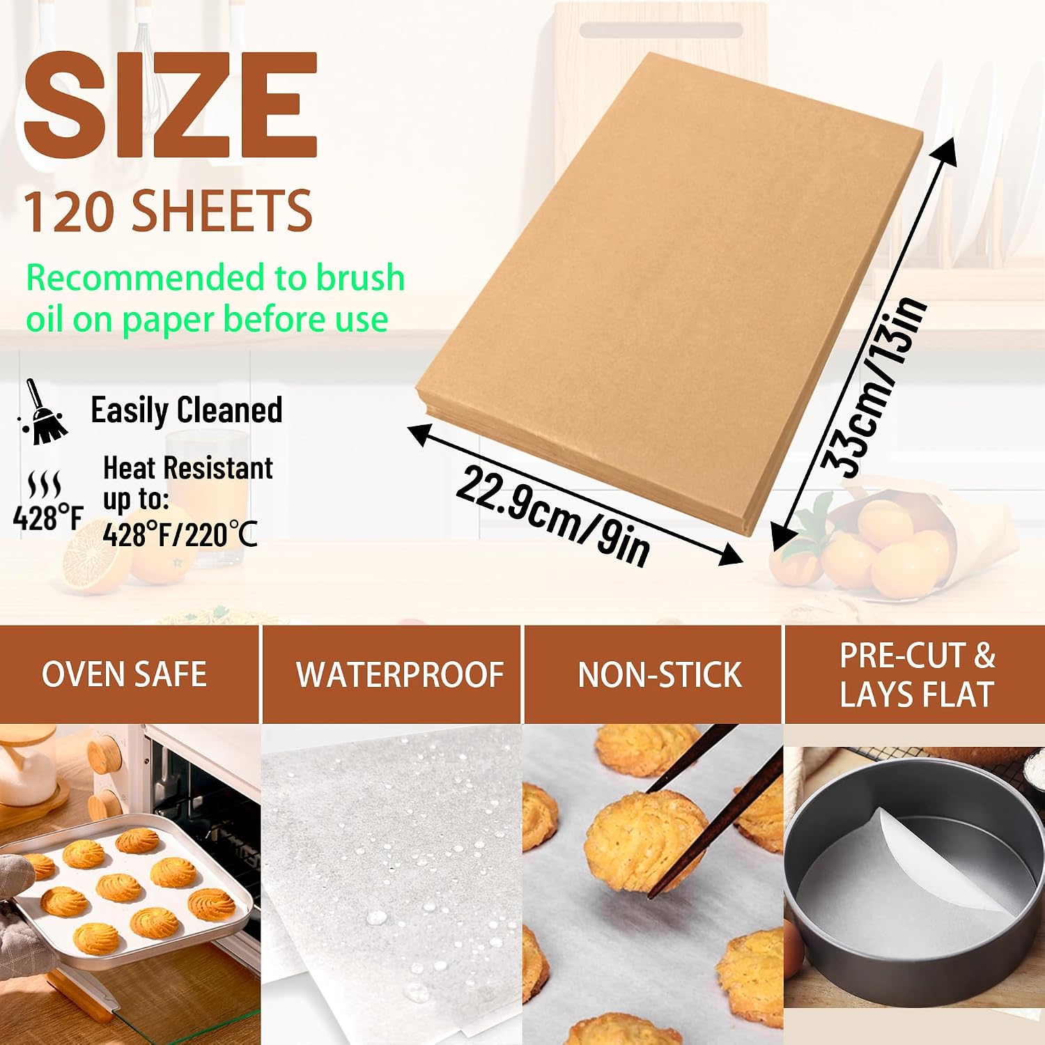 9x13 Inch Parchment Paper Sheets 120 Pcs, Unbleached Non-Stick