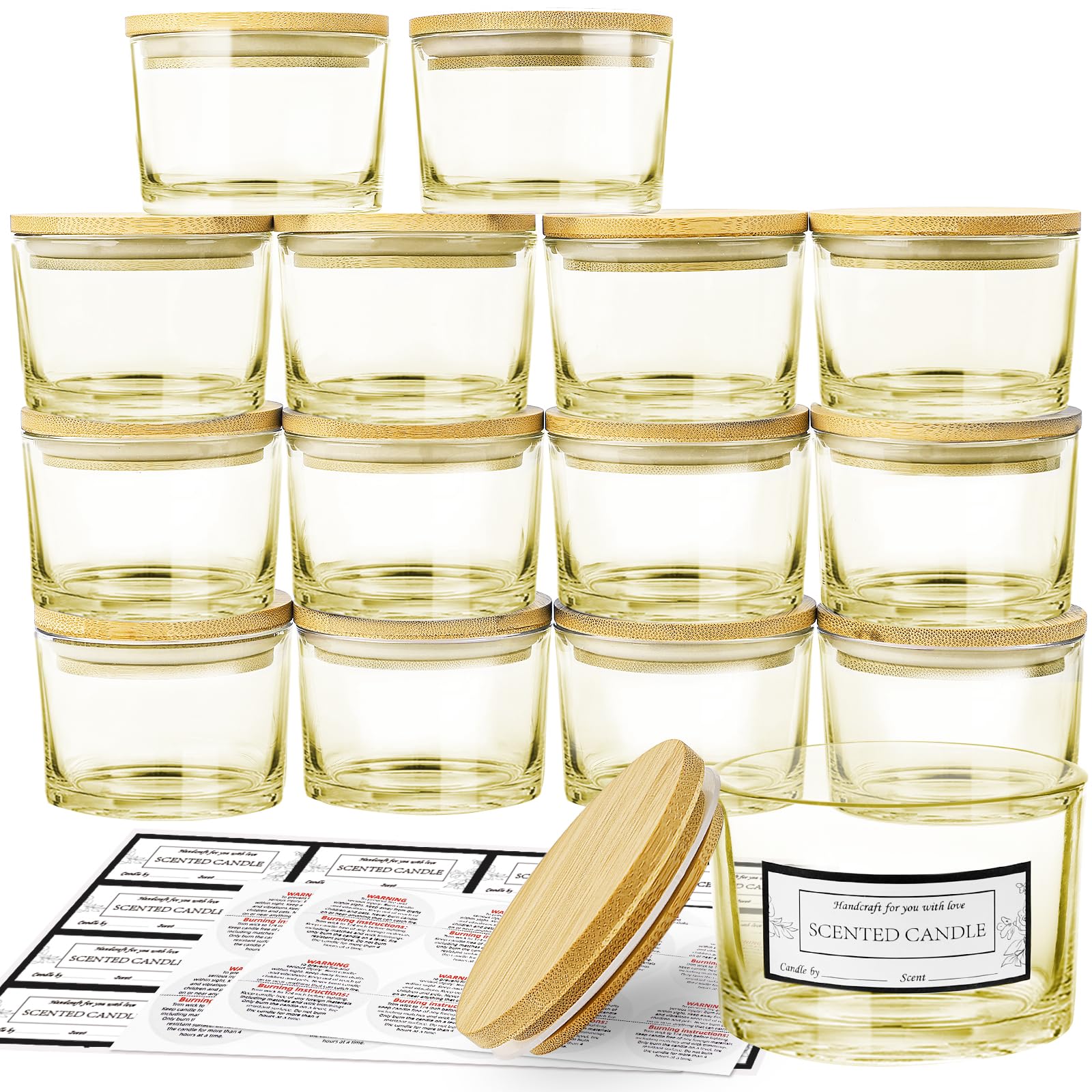CONNOO 15 Pack 4 OZ Lemon Yellow Glass Candle Jars with Airtight Bamboo Lids for Making Candles, Bulk Small Wide Mouth Empty Candle Containers with Sticky Warning Labels - Dishwasher Safe