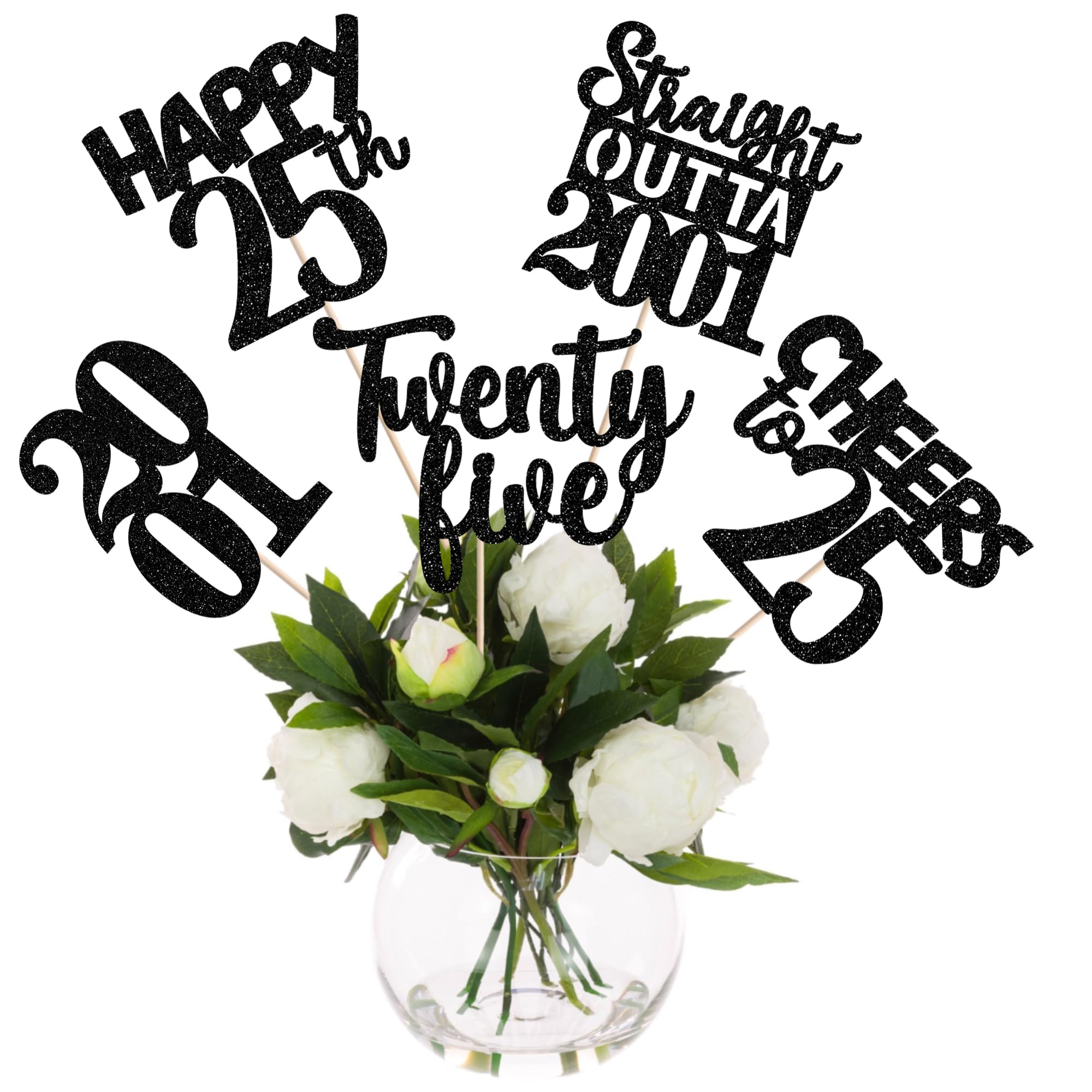 15 PCS 25th Birthday Centerpiece Sticks Twenty Five Happy 25th Straight Outta 2001 Table Flower Centerpieces Sticks Cheers to 25 Floral Decorations for 25th Birthday Party Centerpieces Supplies Black
