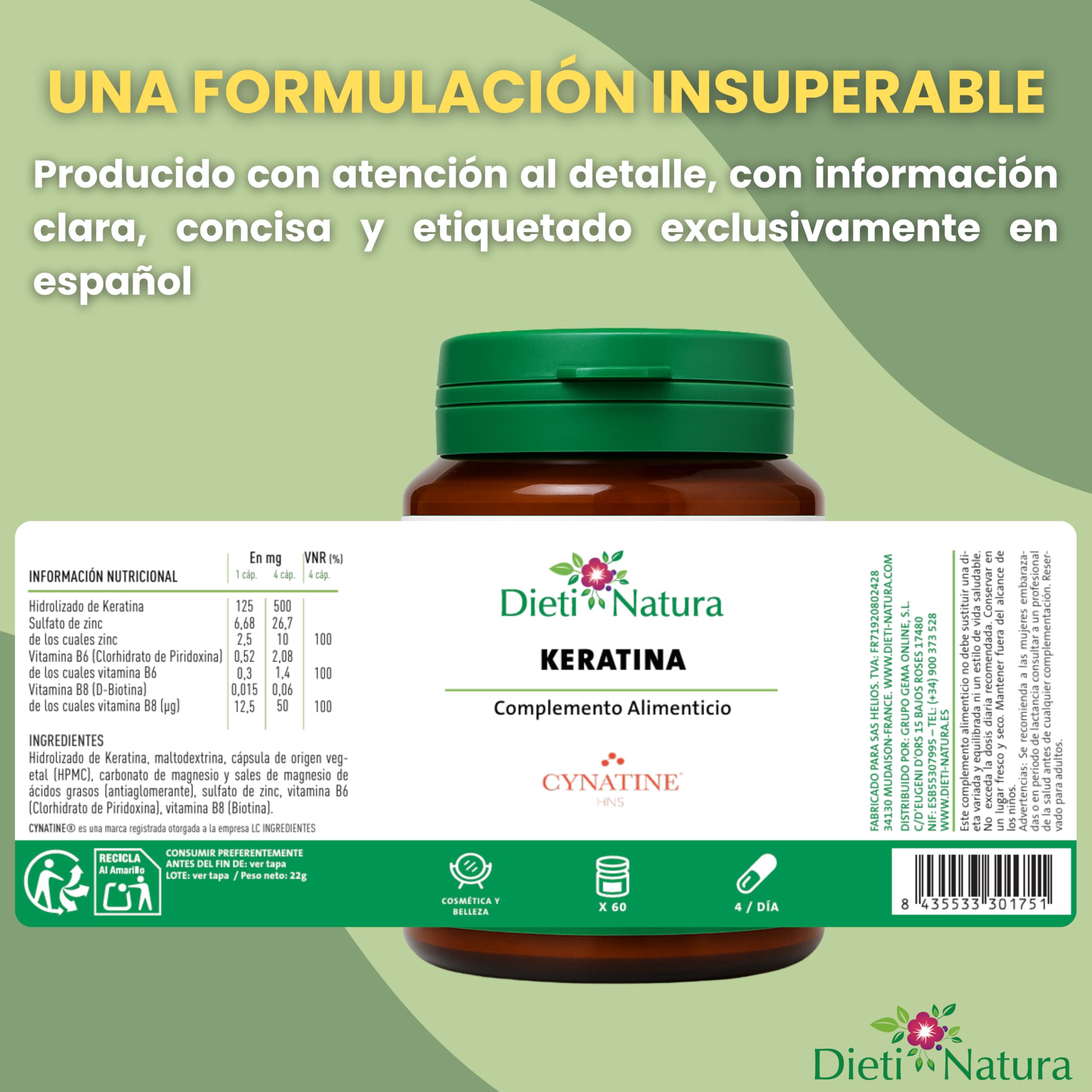 Dieti Natura Keratina Pack 3 de 60 Cápsulas Cabello y Uñas Fuertes - Keratina Cynatine HNS® para Fortalecer Cabello - Vitaminas Cabello Mujer y Hombre con Biotina B8, Zinc y Vitamina B6
