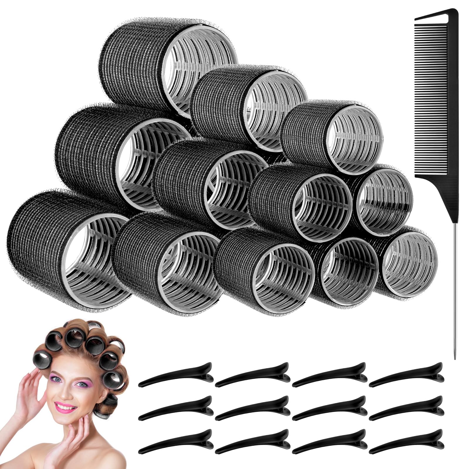 WuGU Rulos Pelo, 31 Piezas Rulos Pelo Grandes, Rizador de Pelo sin Calor con 12 Horquillas, 3 Tamaños Rolos Cabello Autoadhesivas, Rulos para el Pelo Auto Agarre para Cabello Largo, Mediano, Corto