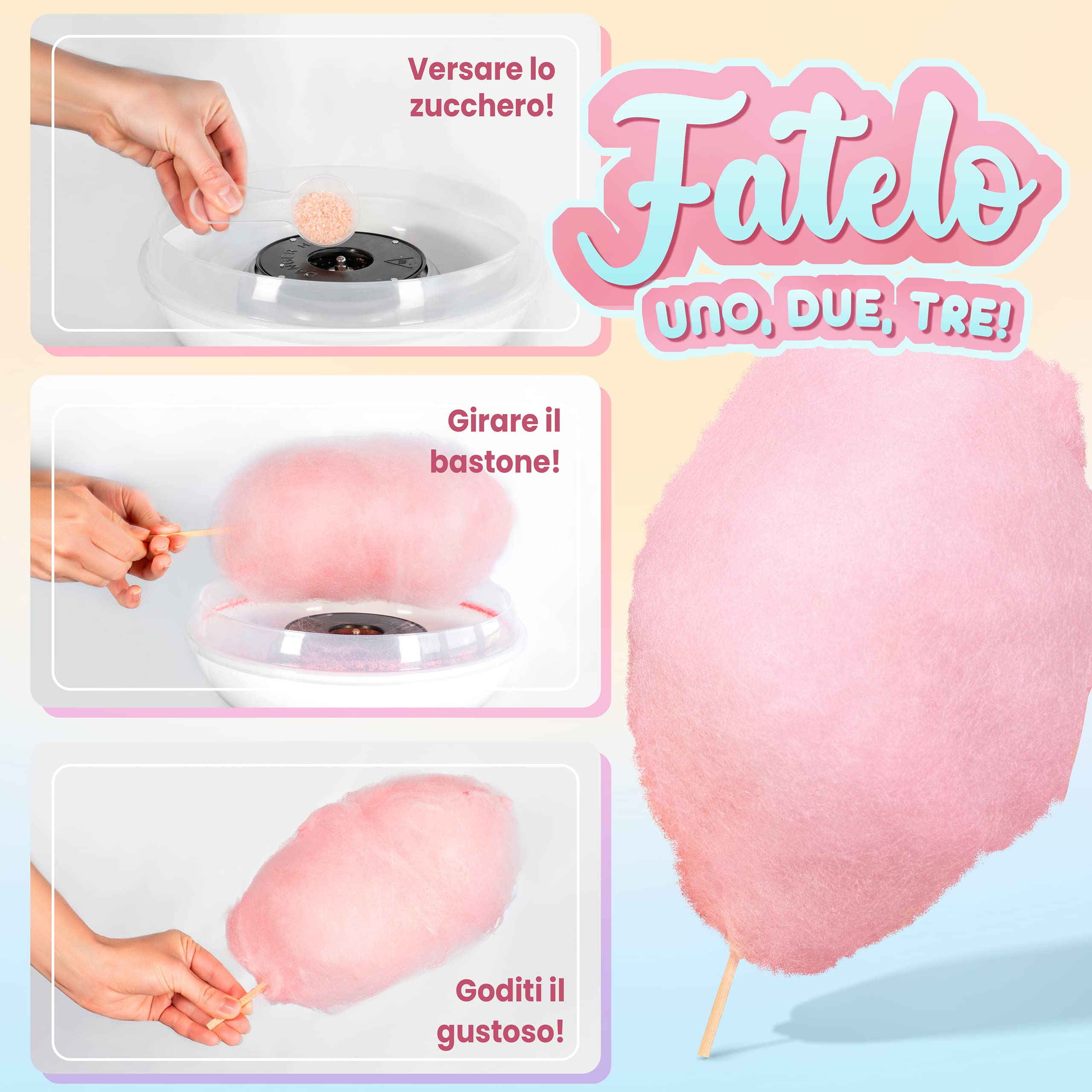 GREENDOSO® Zucchero per Zucchero Filato (4x320 gr) - Set di 4 Gusti (Fragola / Bubble Gum / Banana / Vaniglia) - 50 Bastoncini