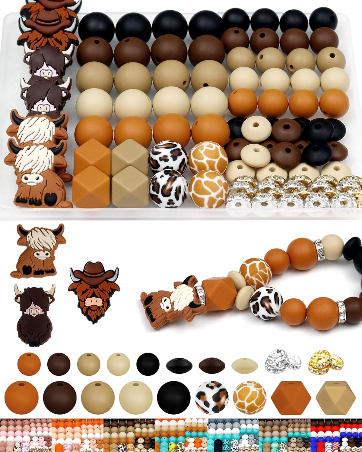 112PCS FIVEIZERO 12mm 15mm Cow Focal Silicone Beads for Keychain Making, Round, Lentil, Hexagonal, Print, 10mm Rhinestone Rondelle Spacers Beads for Bracelet, Pens, Necklace Crafts(Orange Brown)
