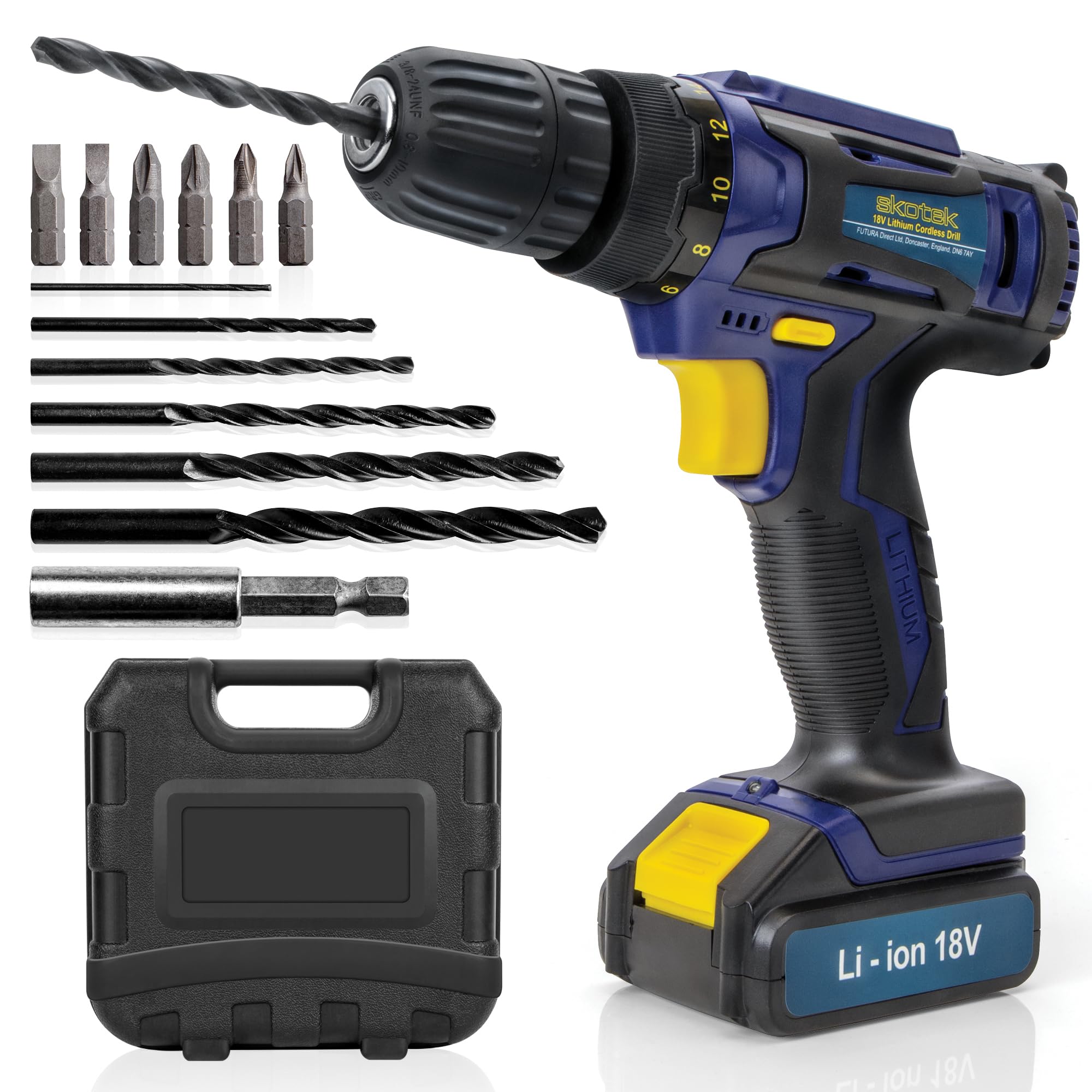 Skotek Black, Blue & Yellow Cordless Drill Driver 18V Lithium-Ion, 13Pc Electric Screwdriver Set, Led Work Light, Electric Drill Quick Change Power Drill Battery With Charger & Carry Case Included