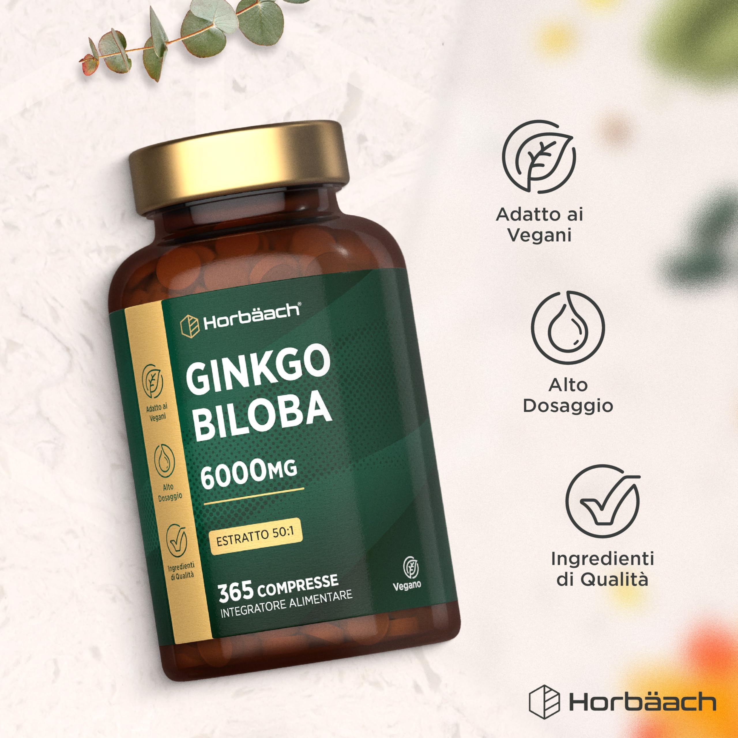 Ginkgo Biloba 6000mg | 365 Compresse Vegane (1 Anno) | Estratto 50:1 ad Alto Dosaggio | Ginkgo Biloba Forte (non capsule) | Facile da Deglutire | Horbaach