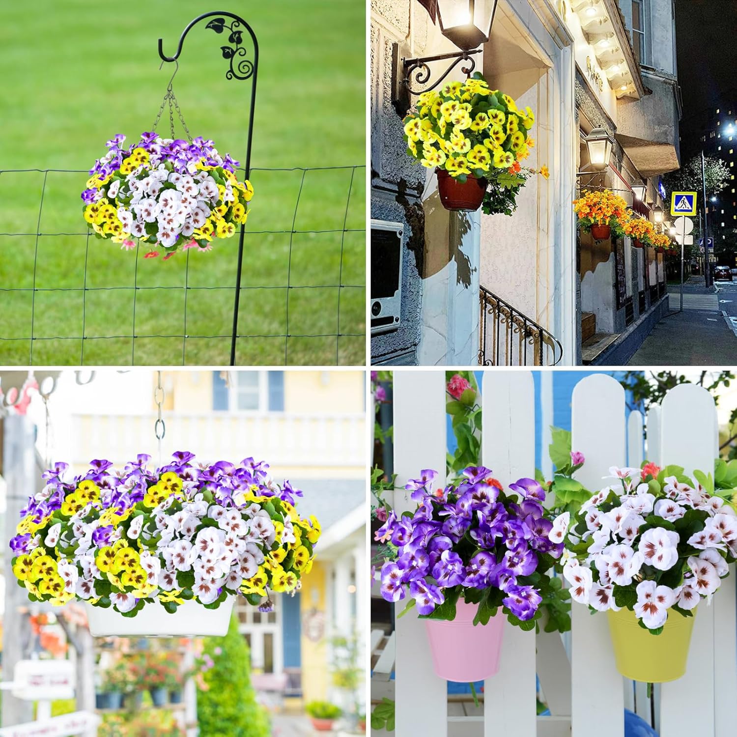 ASTRYAS Artificial Fake Pansy Flowers for Outdoor, 24 Bundles Faux Silk Pansies Flowers Wildflowers for Spring Summer Planter Front Door Porch Yard Patio Window Box Home Decor (Purple, Yellow, White)