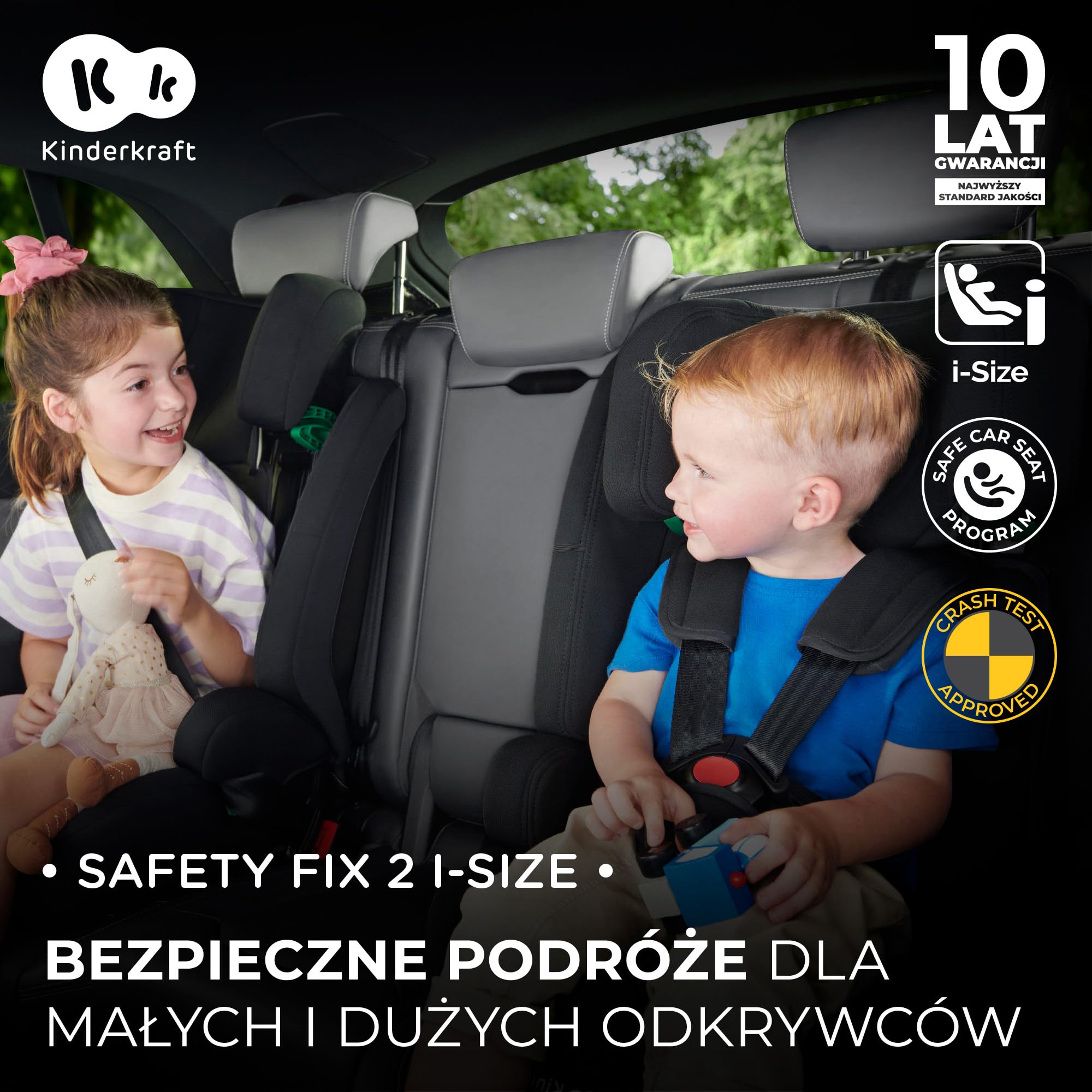 Kinderkraft SAFETY FIX 2 i-Size Fotelik samochodowy i-Size, Regulowany zagłówek, Płynna regulacja oparcia, ISOFIX, TOP TETHER, Zdejmowany pokrowiec, Norma R129, Grupa ECE I/II/III 9-36 kg, Szary